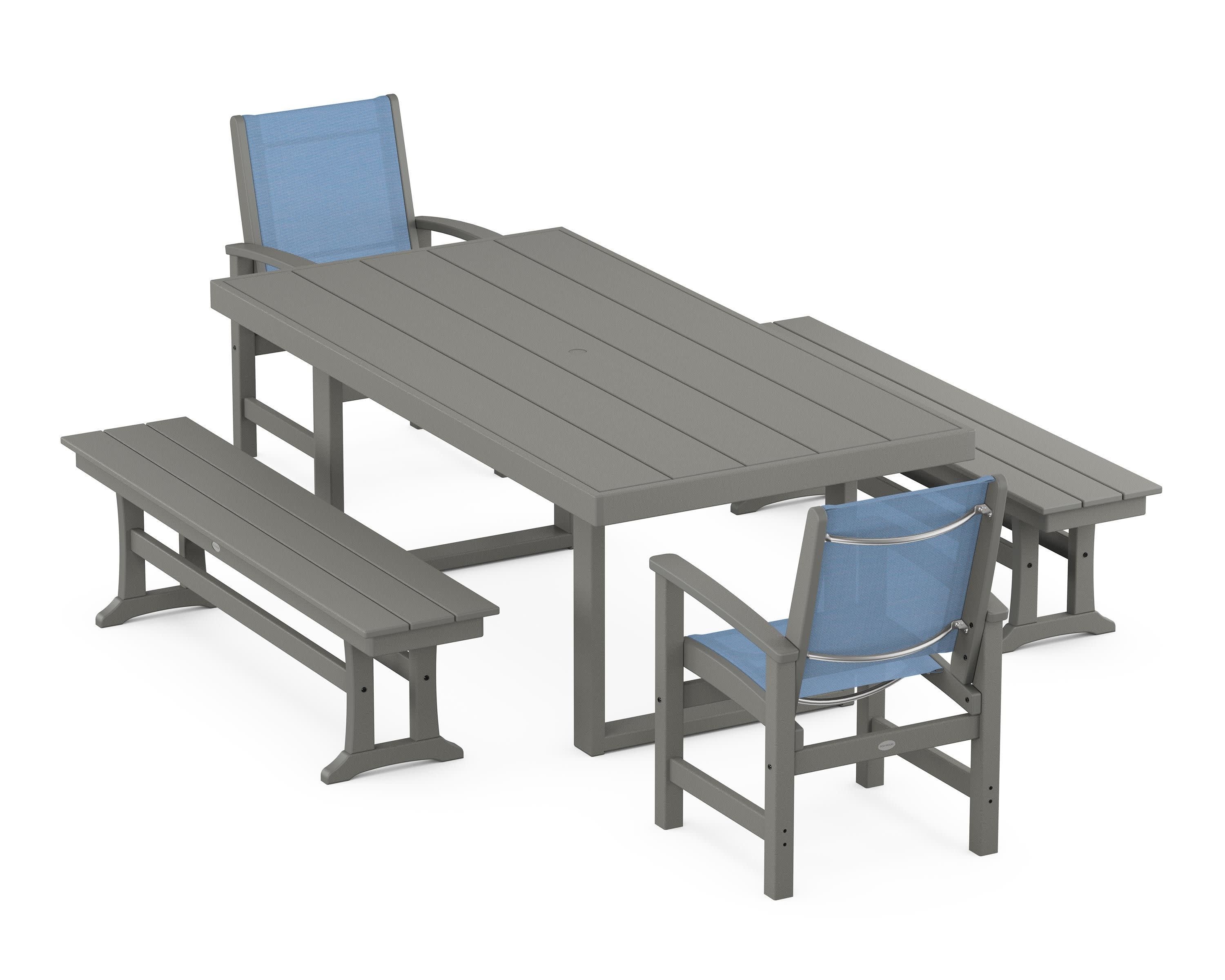 Coastal 5-Piece Dining Set with Trestle Legs in Slate Grey / Poolside Sling
