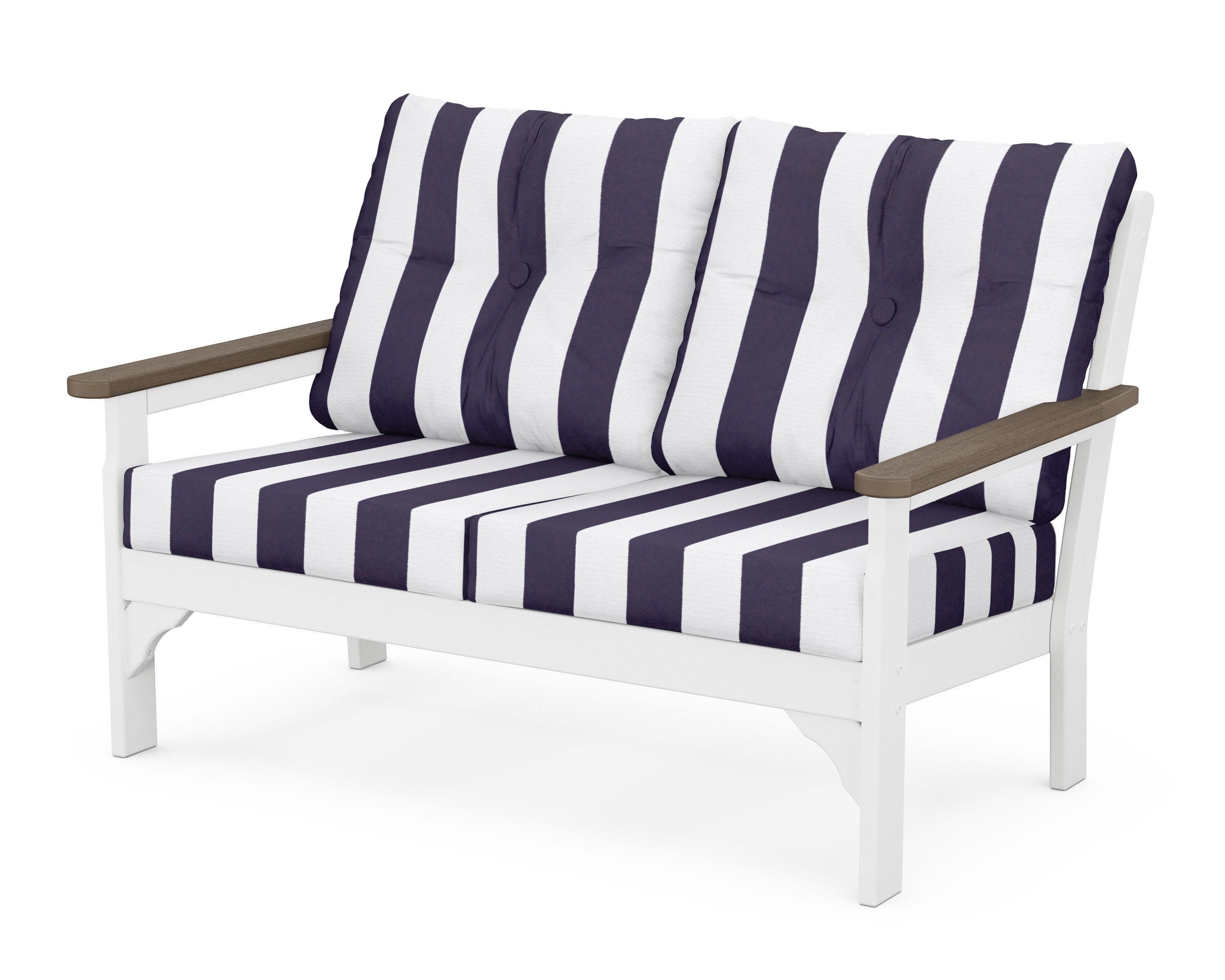 Vineyard Deep Seating Loveseat in White / Kona / Cabana Stripe Navy