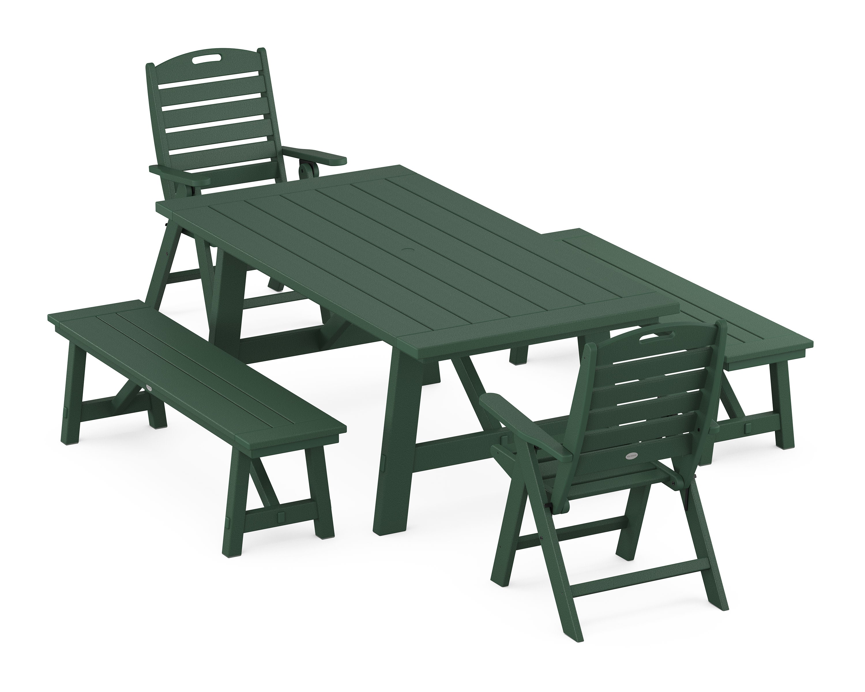 Nautical Folding Highback Chair 5-Piece Rustic Farmhouse Dining Set With Benches in Green