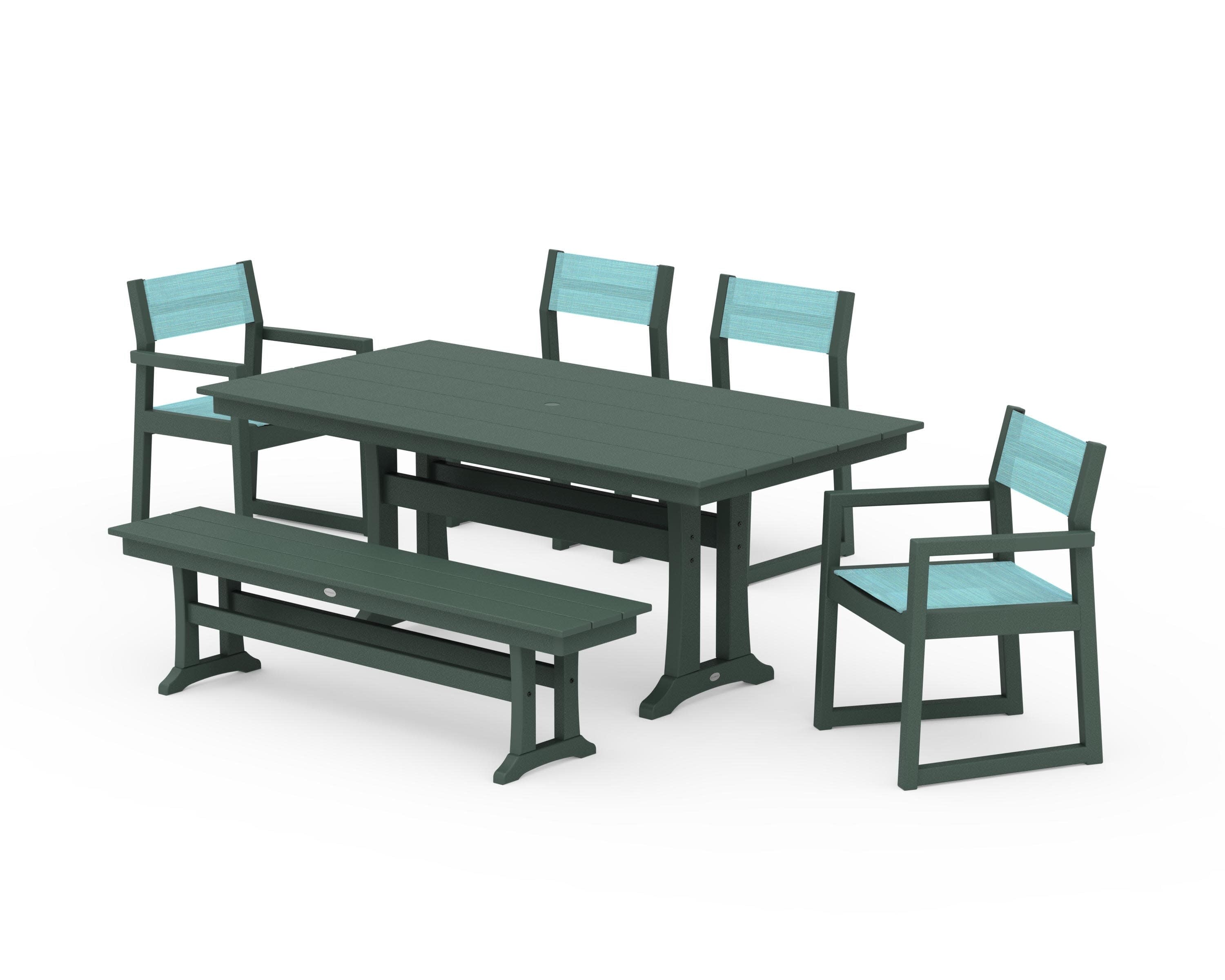 EDGE Sling 6-Piece Farmhouse Dining Set With Trestle Legs in Green / Dupioni Aquamarine Sling