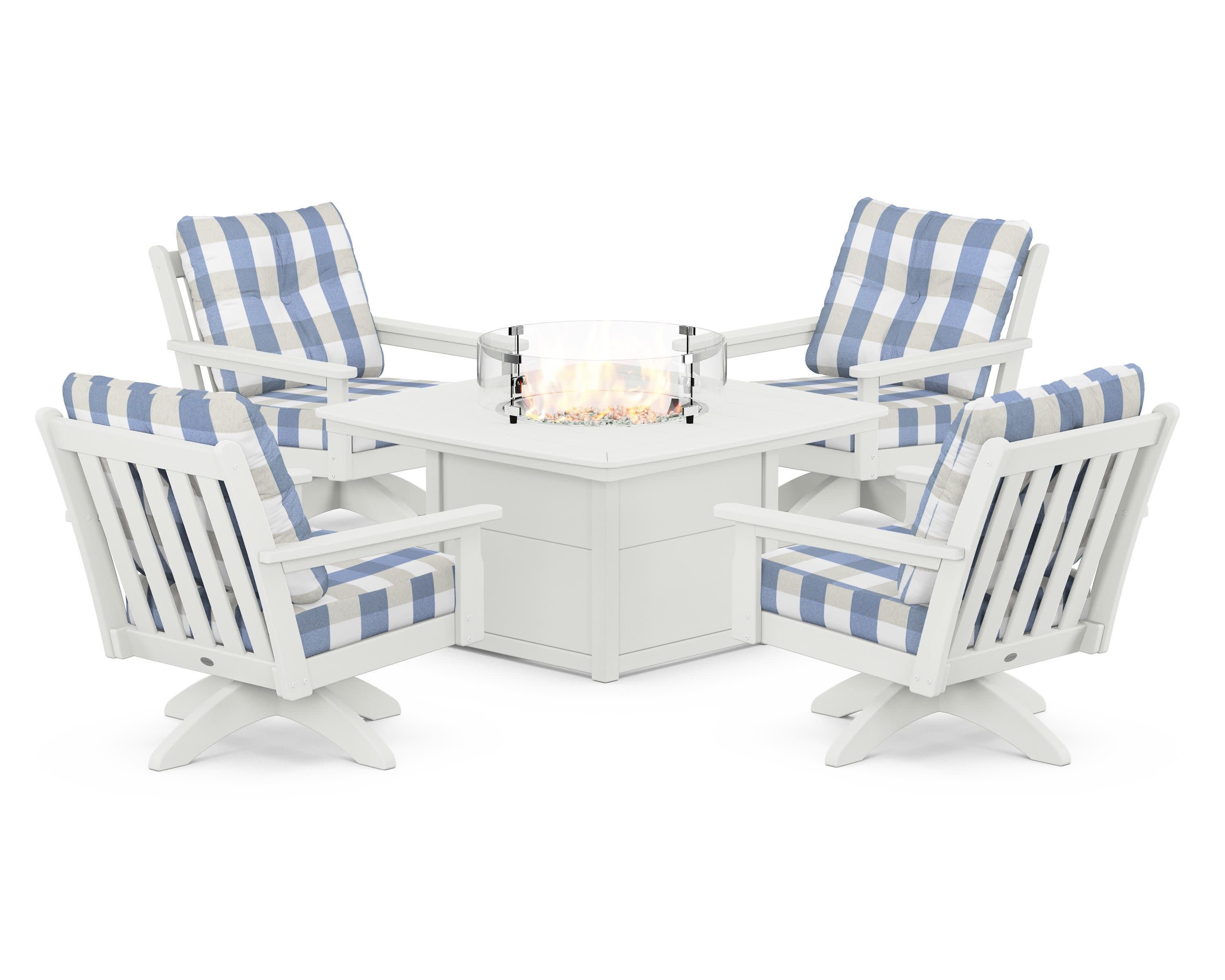 Vineyard 5-Piece Deep Seating Swivel Conversation Set with Fire Pit Table in Vintage White / Buffalo Plaid Sky Blue