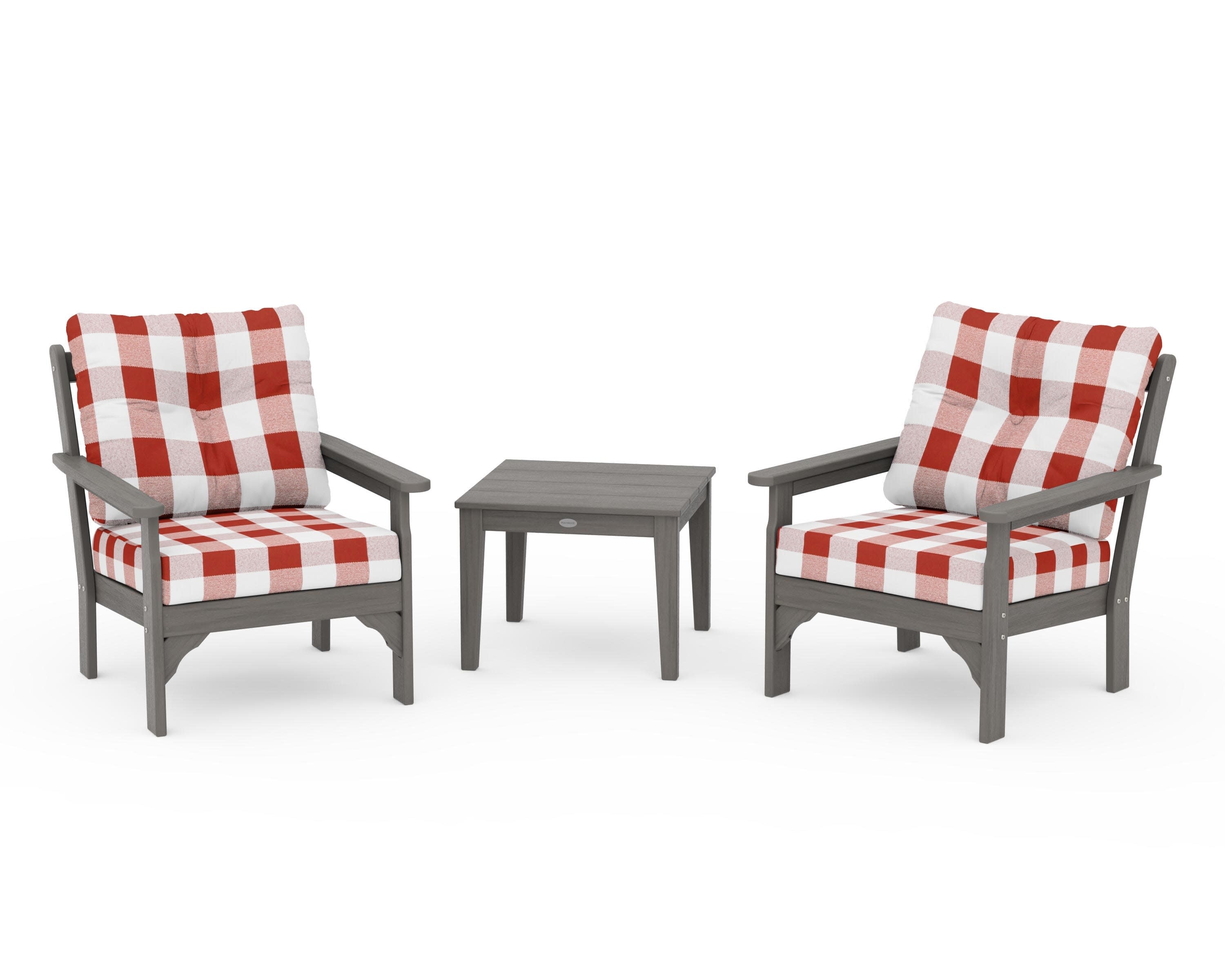 Vineyard 3-Piece Deep Seating Set in Driftwood / Buffalo Plaid Crimson