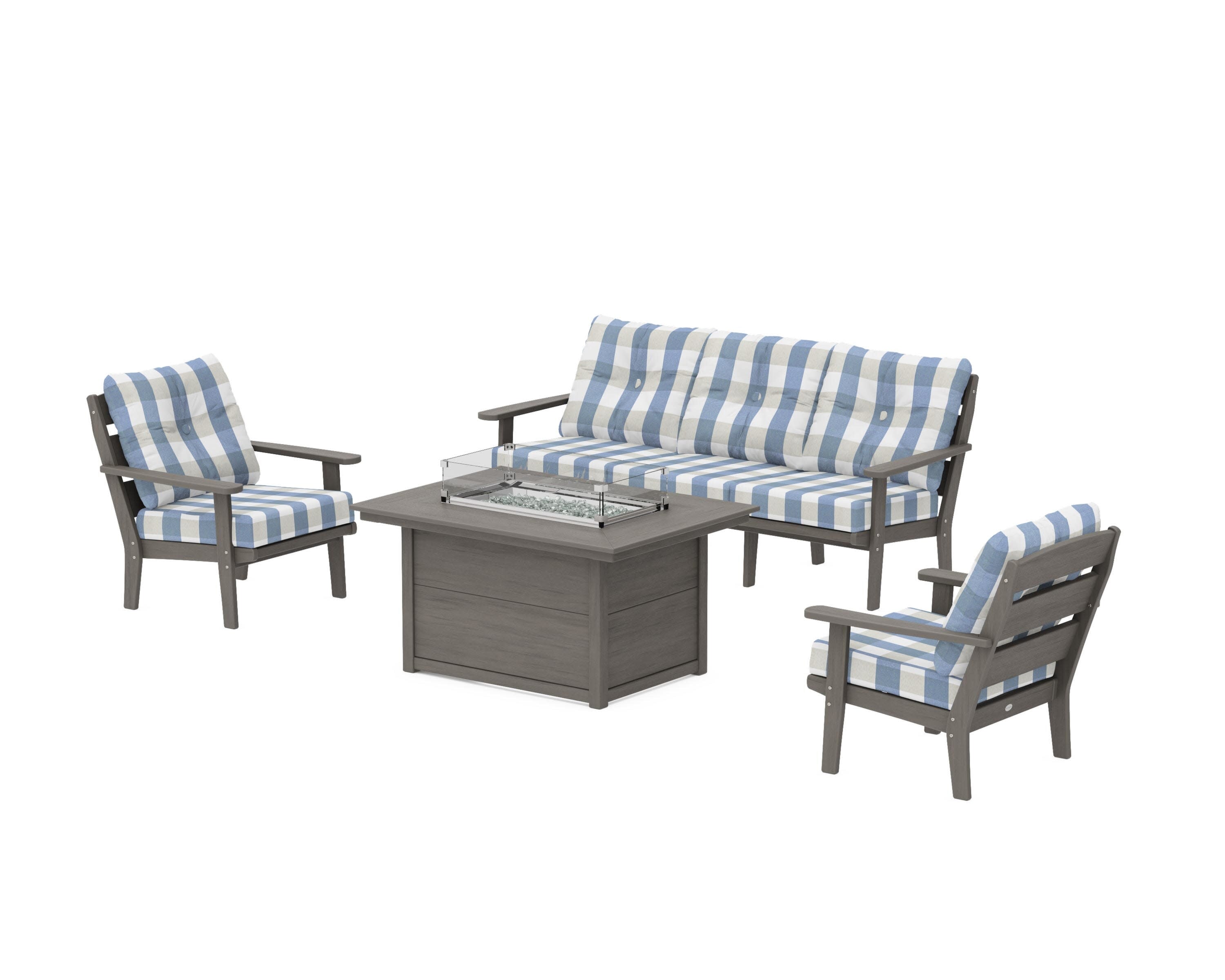 Lakeside Deep Seating Fire Pit Table Set in Driftwood / Buffalo Plaid Sky Blue