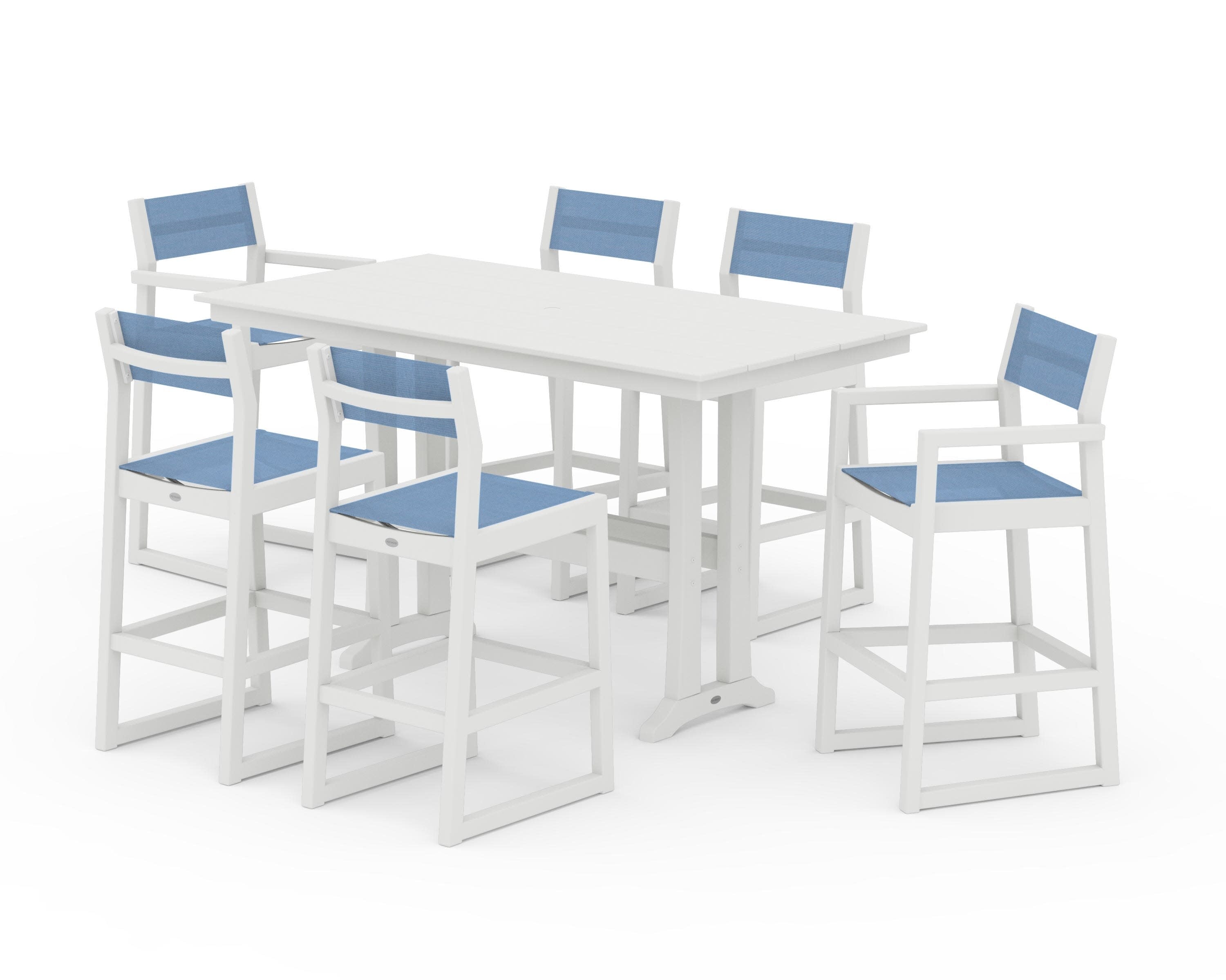 EDGE Sling 7-Piece Farmhouse Bar Set with Trestle Legs in Vintage White / Poolside Sling