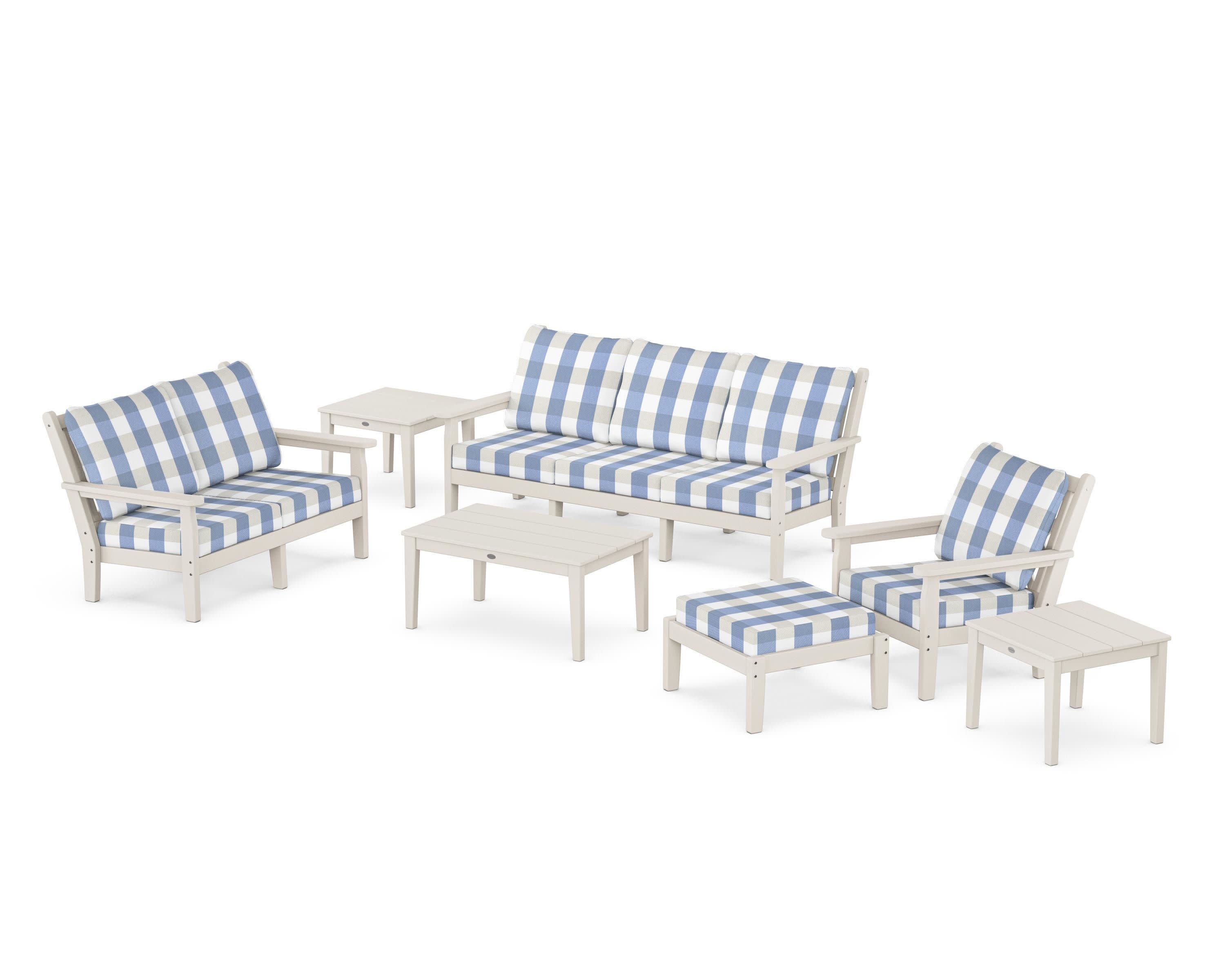 Chippendale 7-Piece Deep Seating Set in Sand / Buffalo Plaid Sky Blue