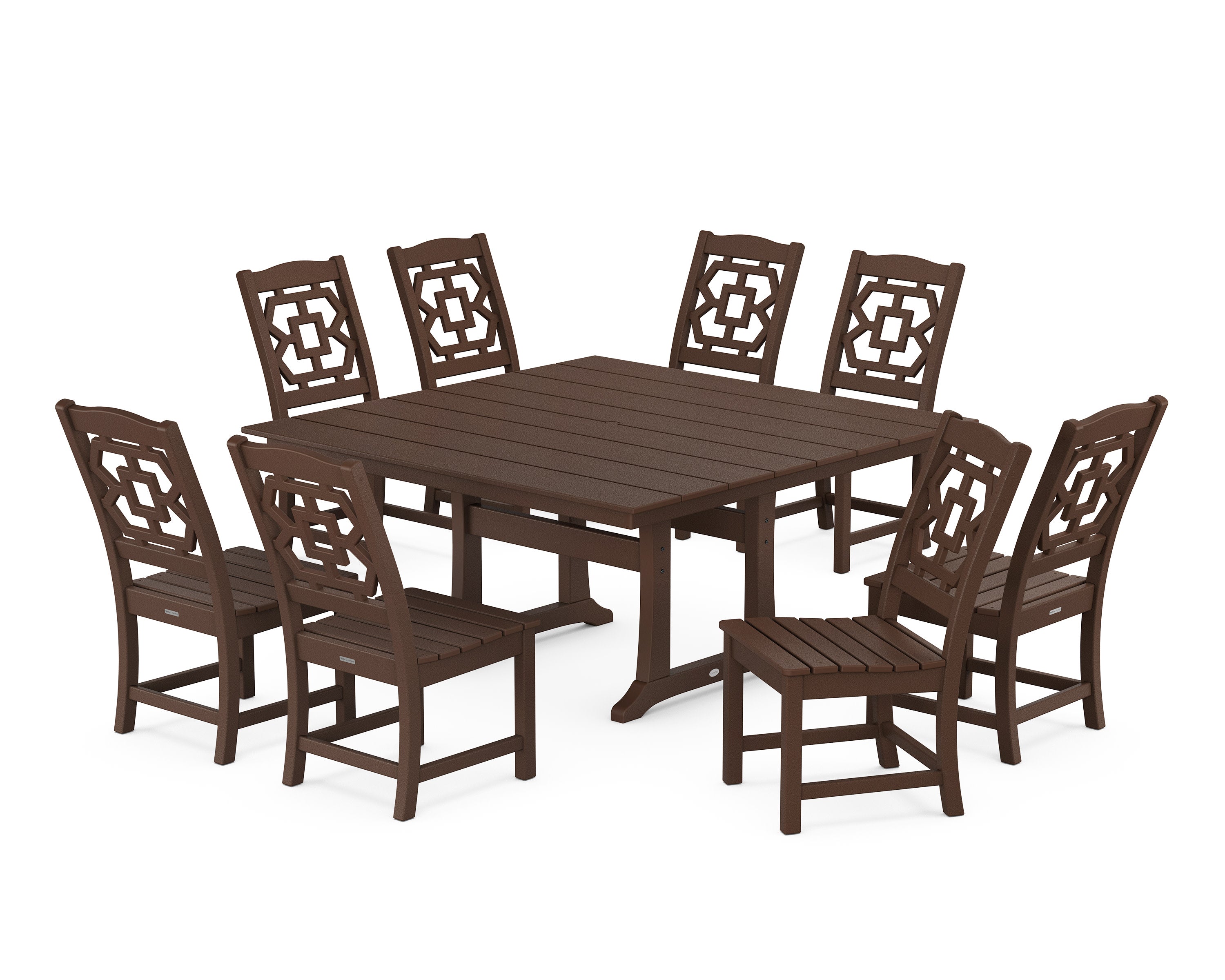 Chinoiserie 9-Piece Square Farmhouse Side Chair Dining Set with Trestle Legs in Mahogany