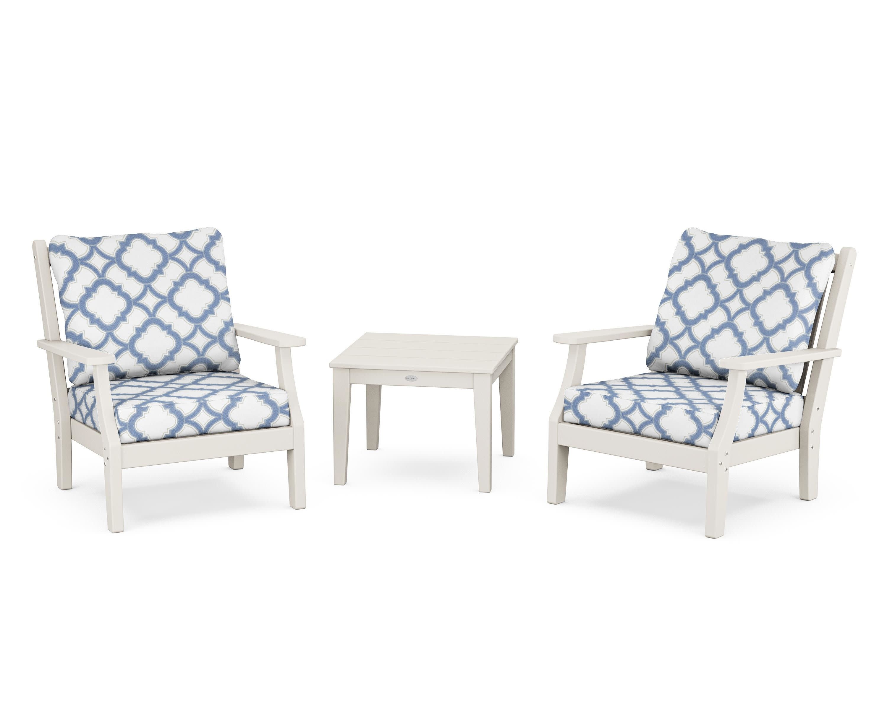 Wovendale 3-Piece Deep Seating Set in Sand / Trellis Sky Blue