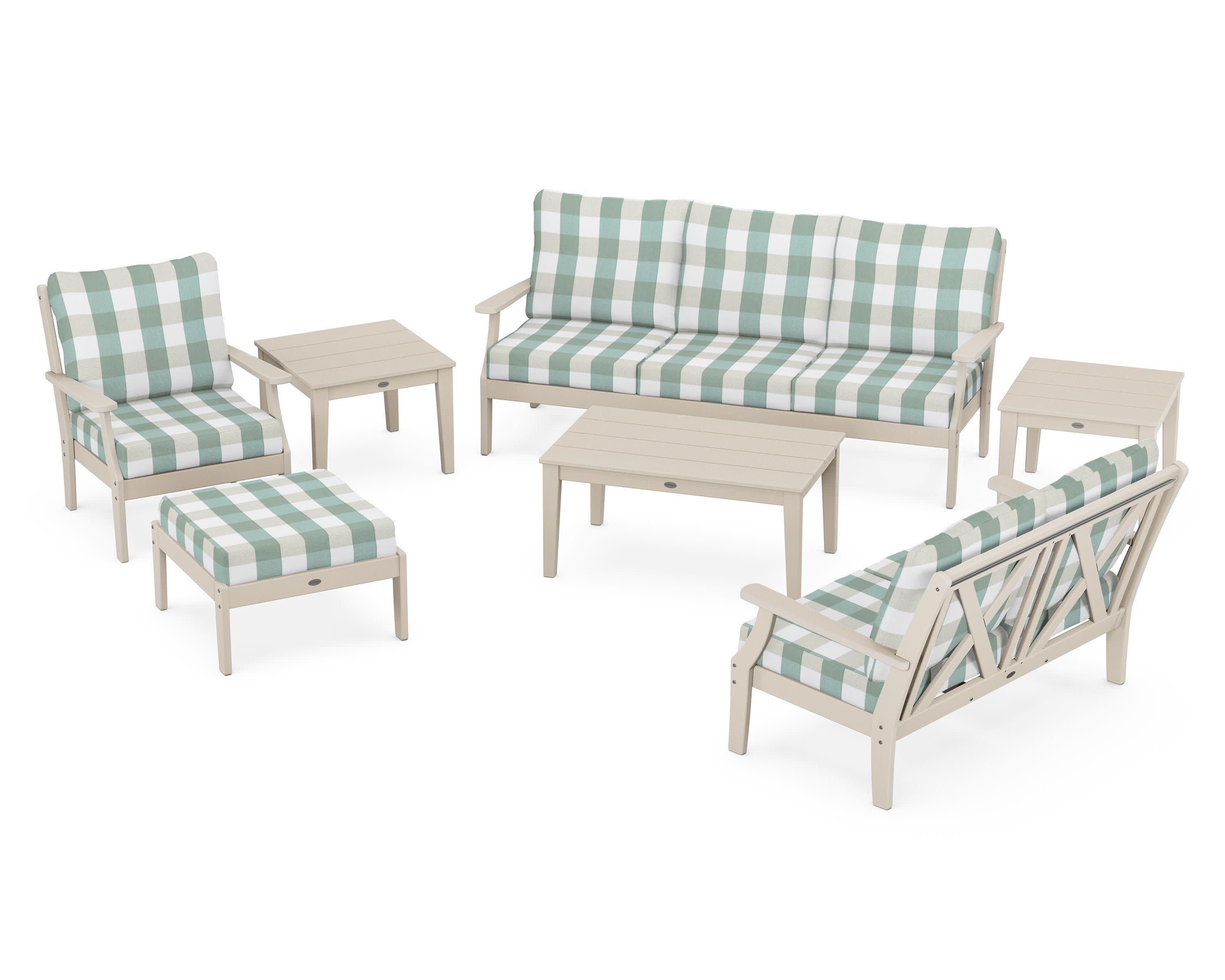 Braxton 7-Piece Deep Seating Set in Sand / Buffalo Plaid Glacier Spa