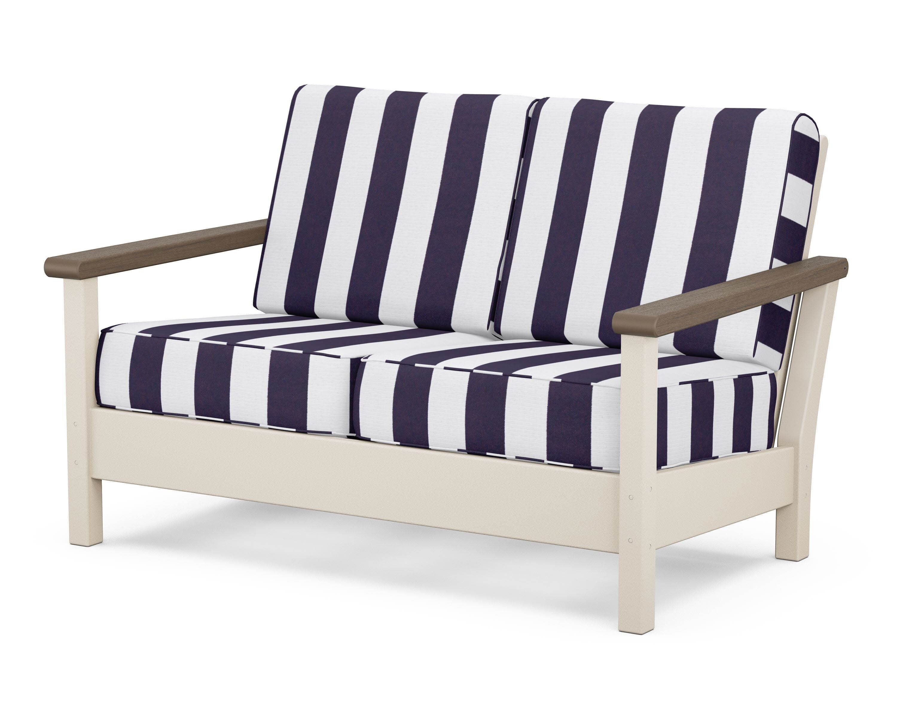 Harbour Deep Seating Loveseat in Sand / Kona / Cabana Stripe Navy