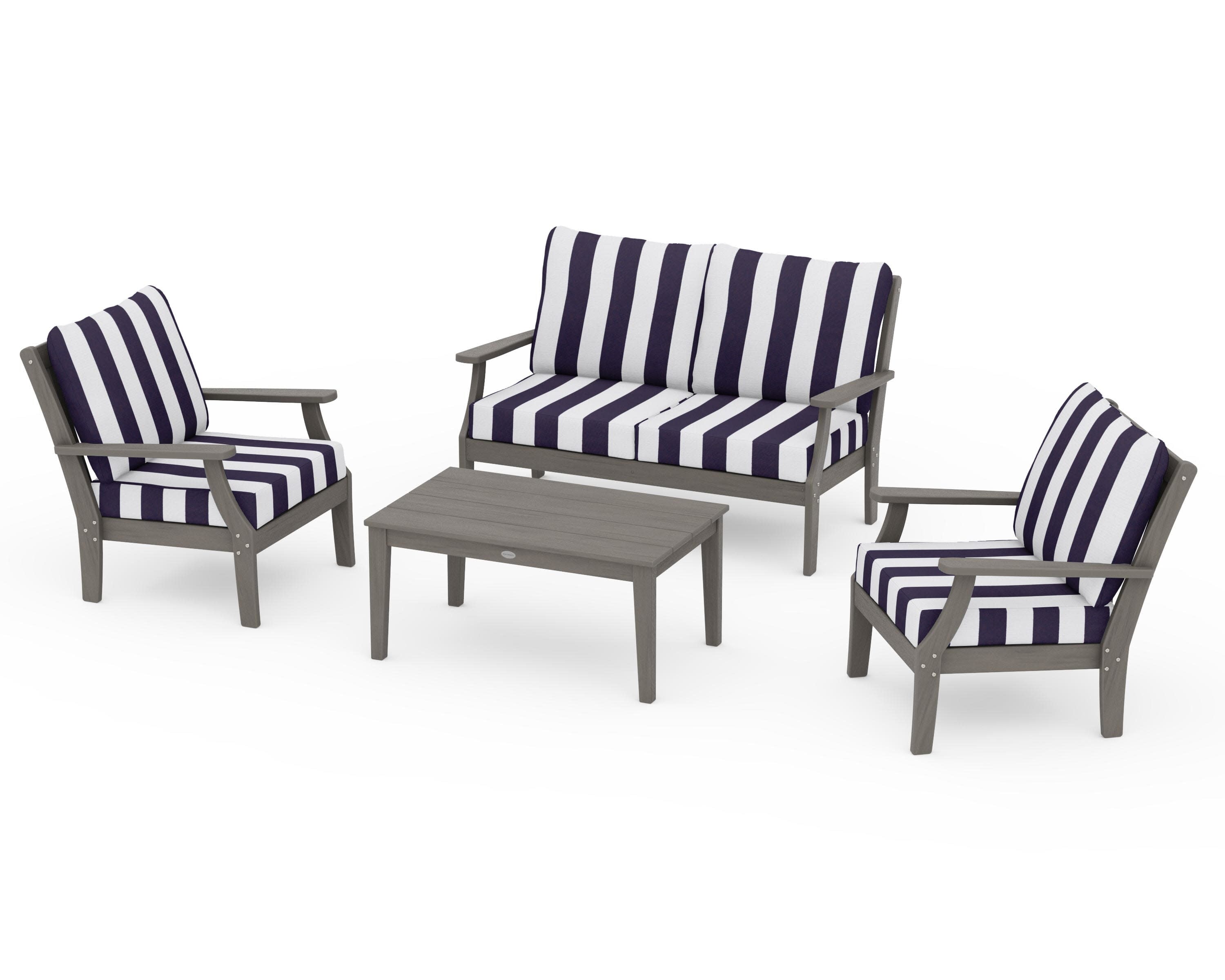 Braxton 4-Piece Deep Seating Chair Set in Driftwood / Cabana Stripe Navy