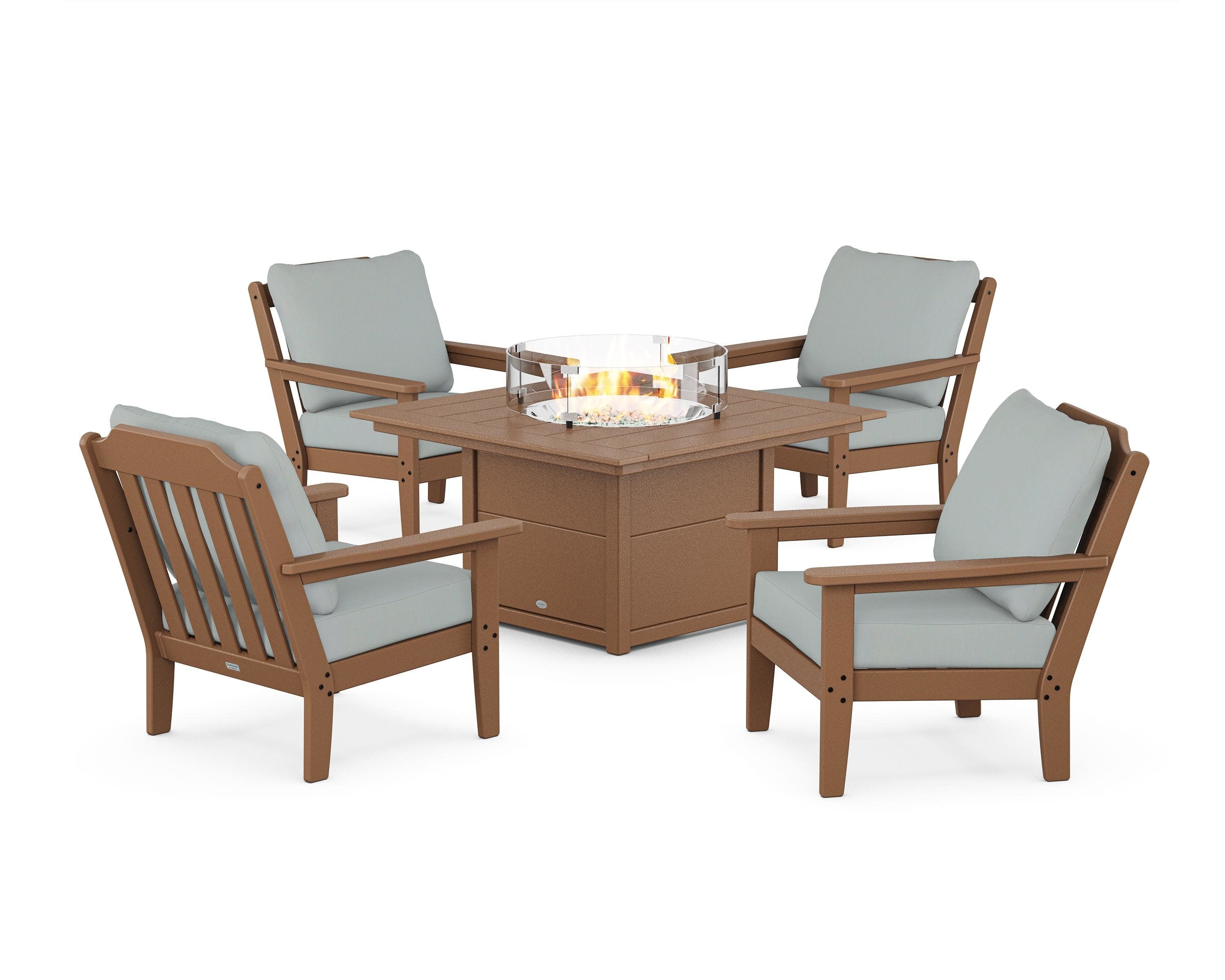 Cottage 5-Piece Deep Seating Set with Fire Pit Table in Teak / Spa
