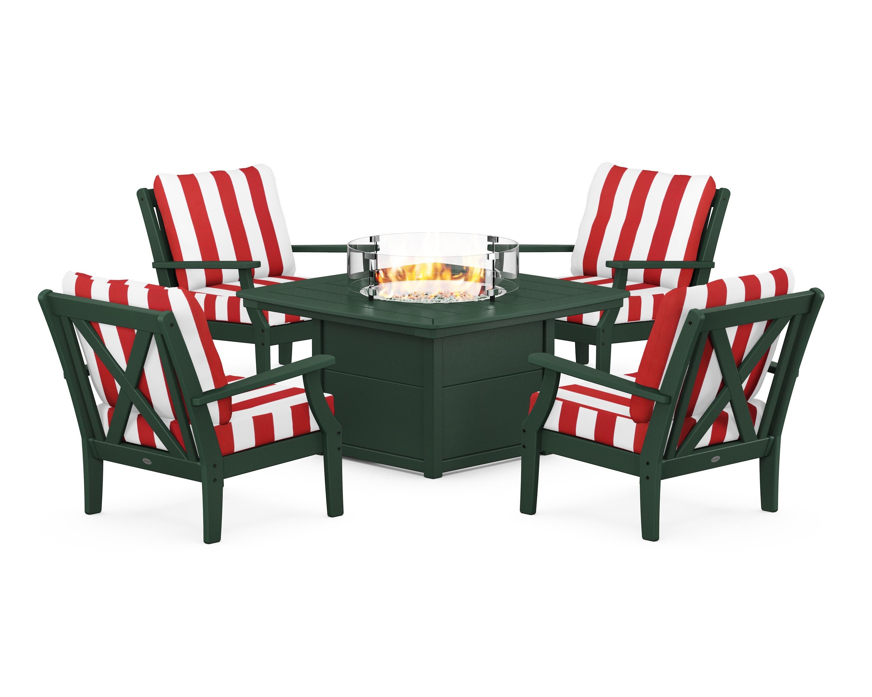 Braxton 5-Piece Deep Seating Conversation Set with Fire Pit Table in Green / Cabana Stripe Crimson