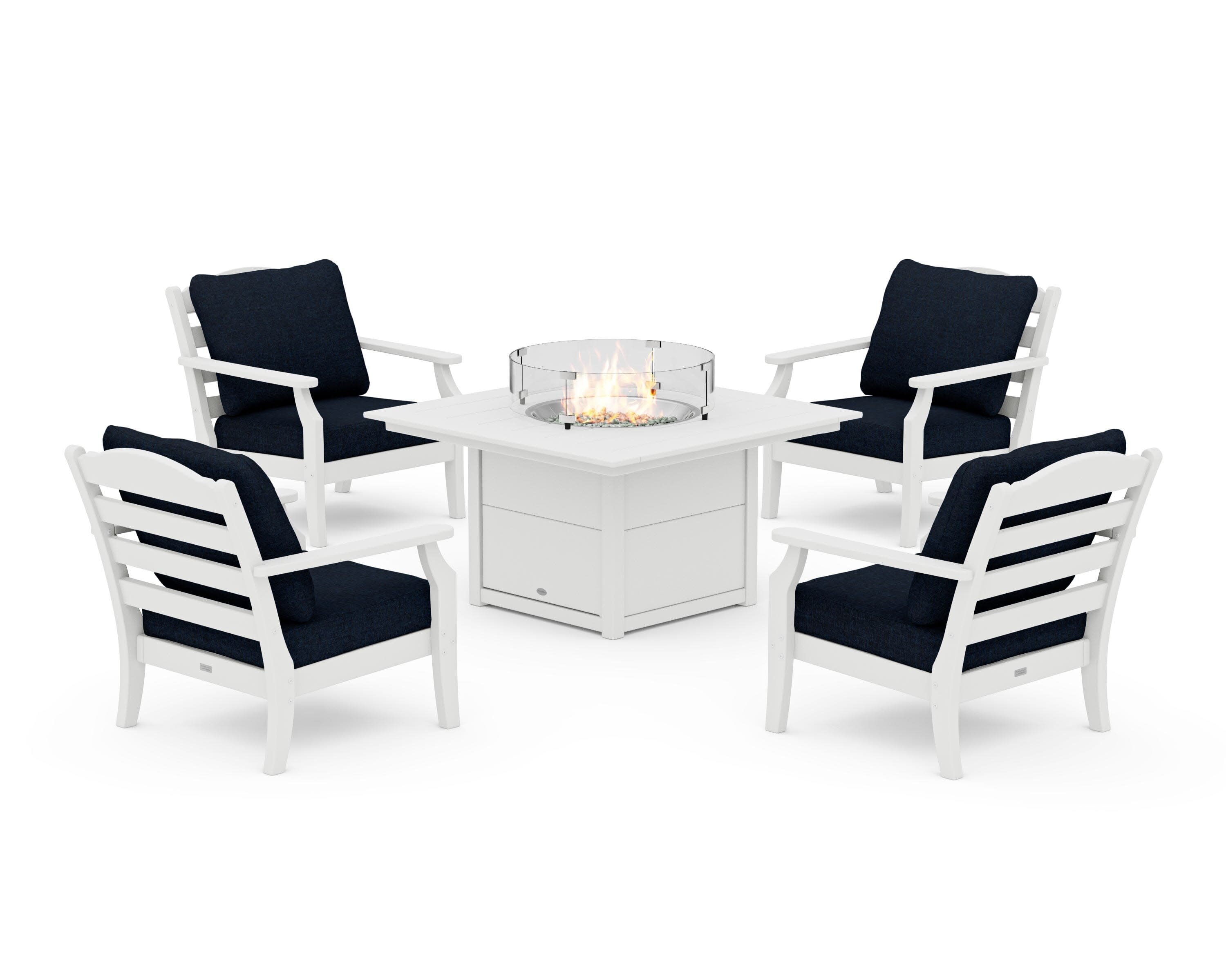 Savannah 5-Piece Deep Seating Set with Fire Pit Table in White / Marine Indigo
