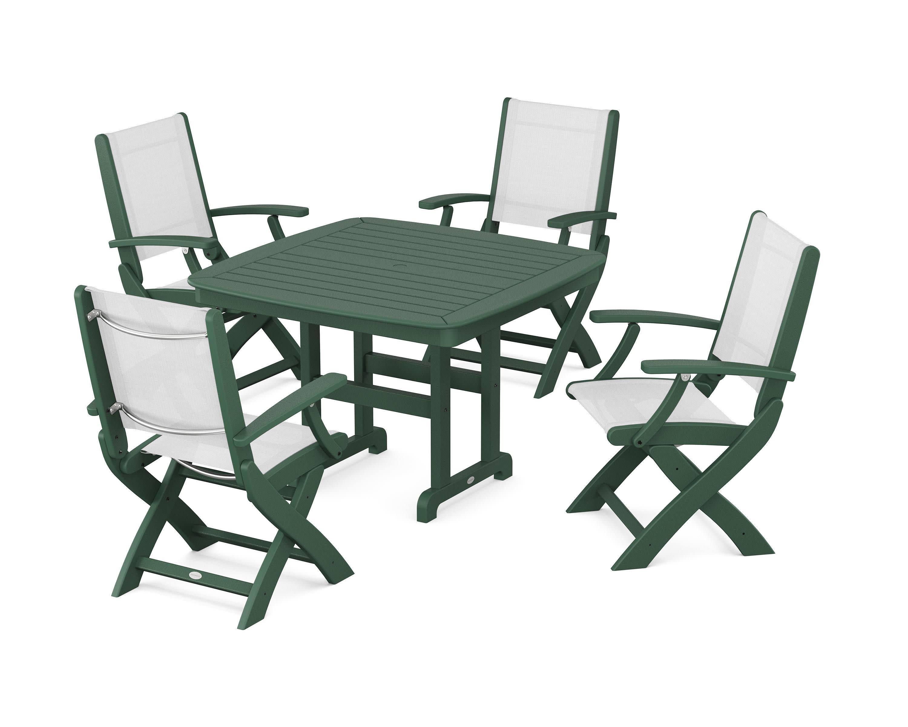 Coastal Folding Chair 5-Piece Dining Set in Green / White Sling