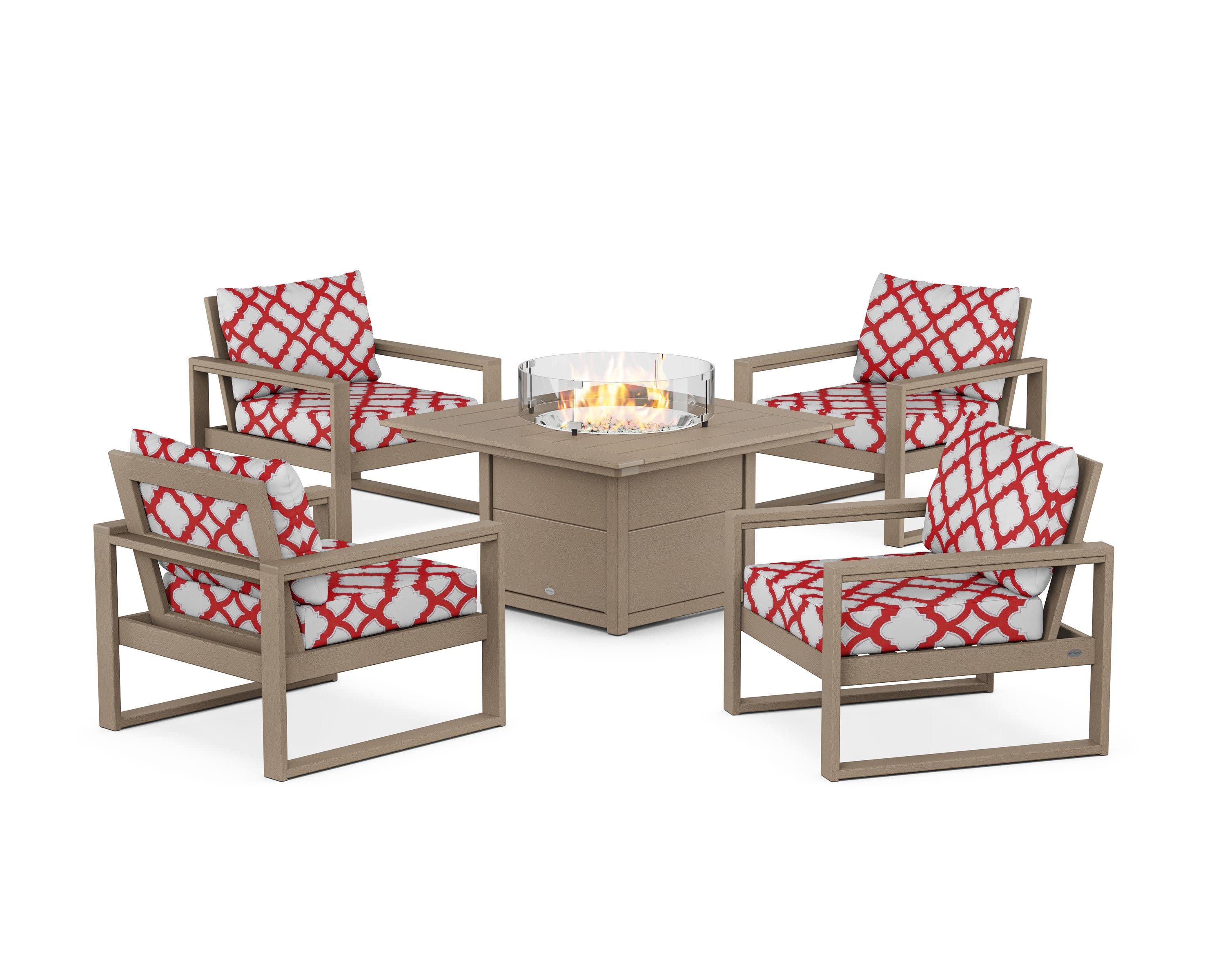 EDGE Sectional 5-Piece Deep Seating Set with Fire Pit Table in Vintage Sahara / Trellis Crimson