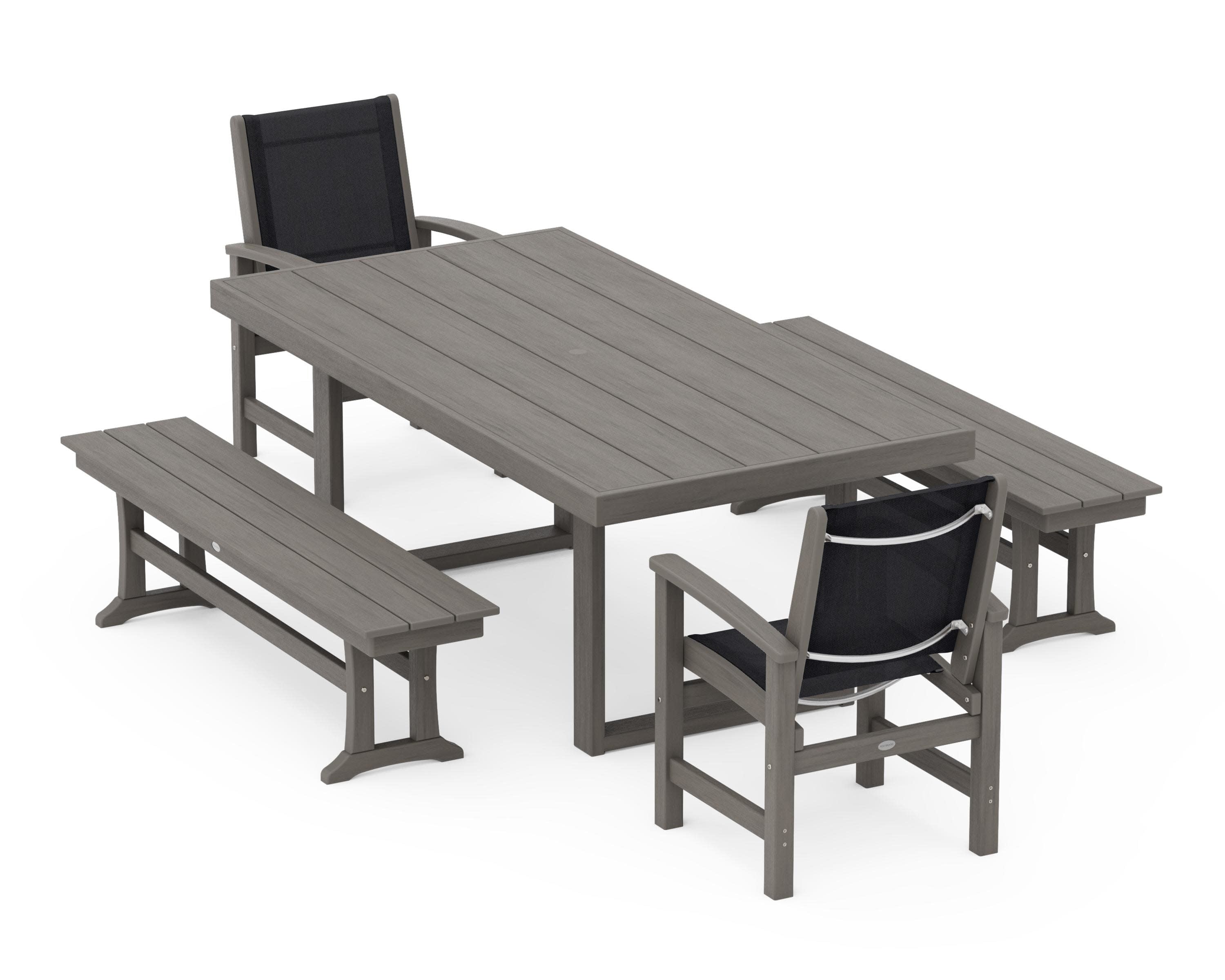 Coastal 5-Piece Dining Set with Trestle Legs in Driftwood / Black Sling