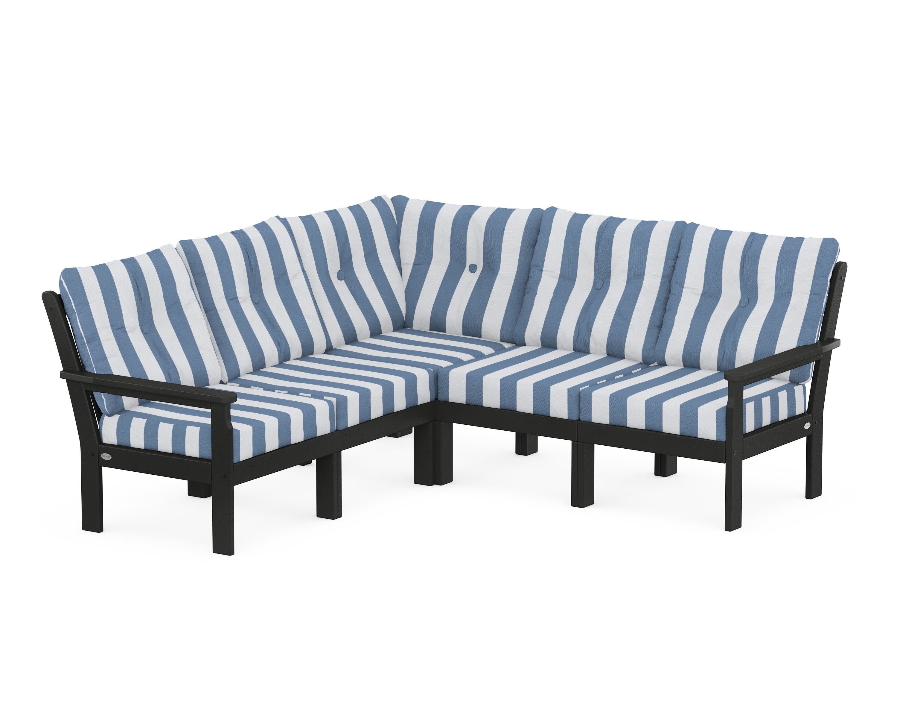 Vineyard 5-Piece Sectional in Black / Cabana Stripe Sky Blue