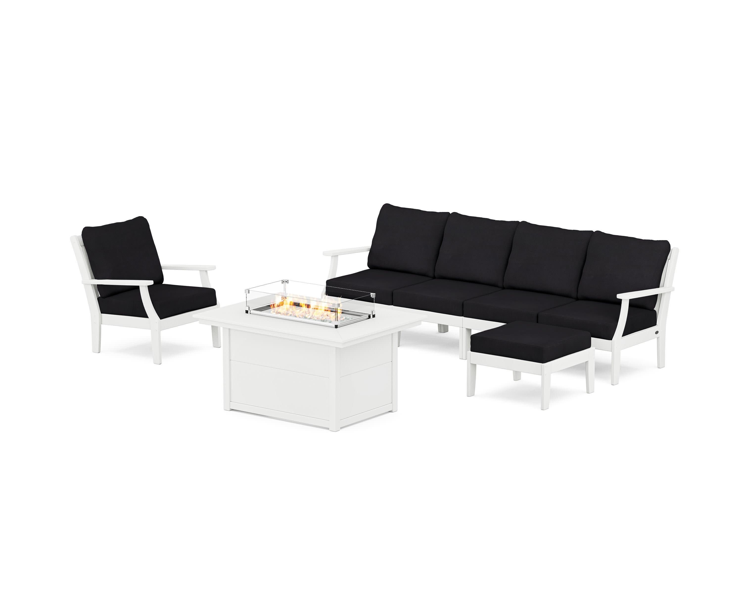 Braxton Sectional Lounge and Fire Pit Set in White / Midnight Linen