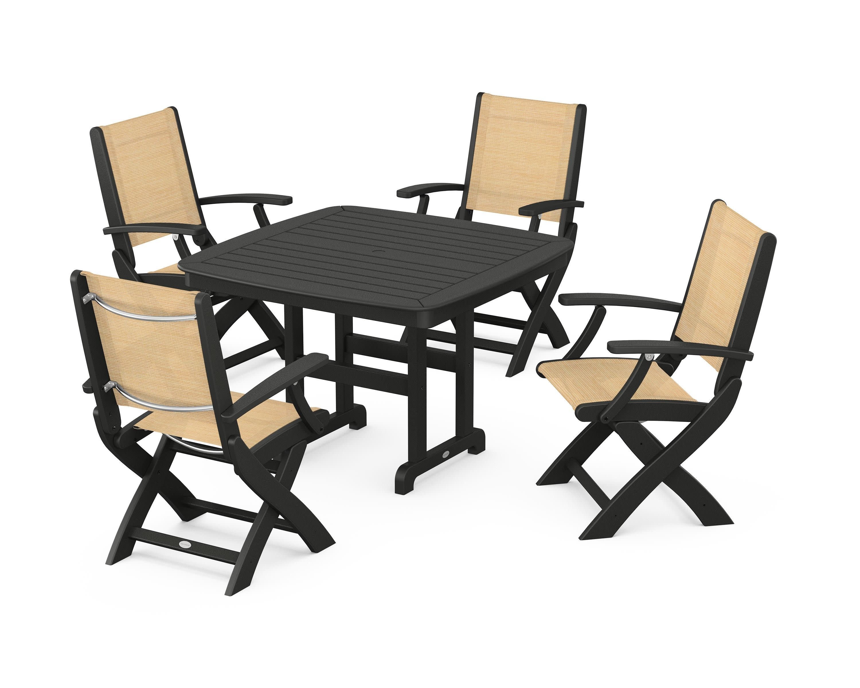 Coastal Folding Chair 5-Piece Dining Set in Black / Dupioni Apricot Sling