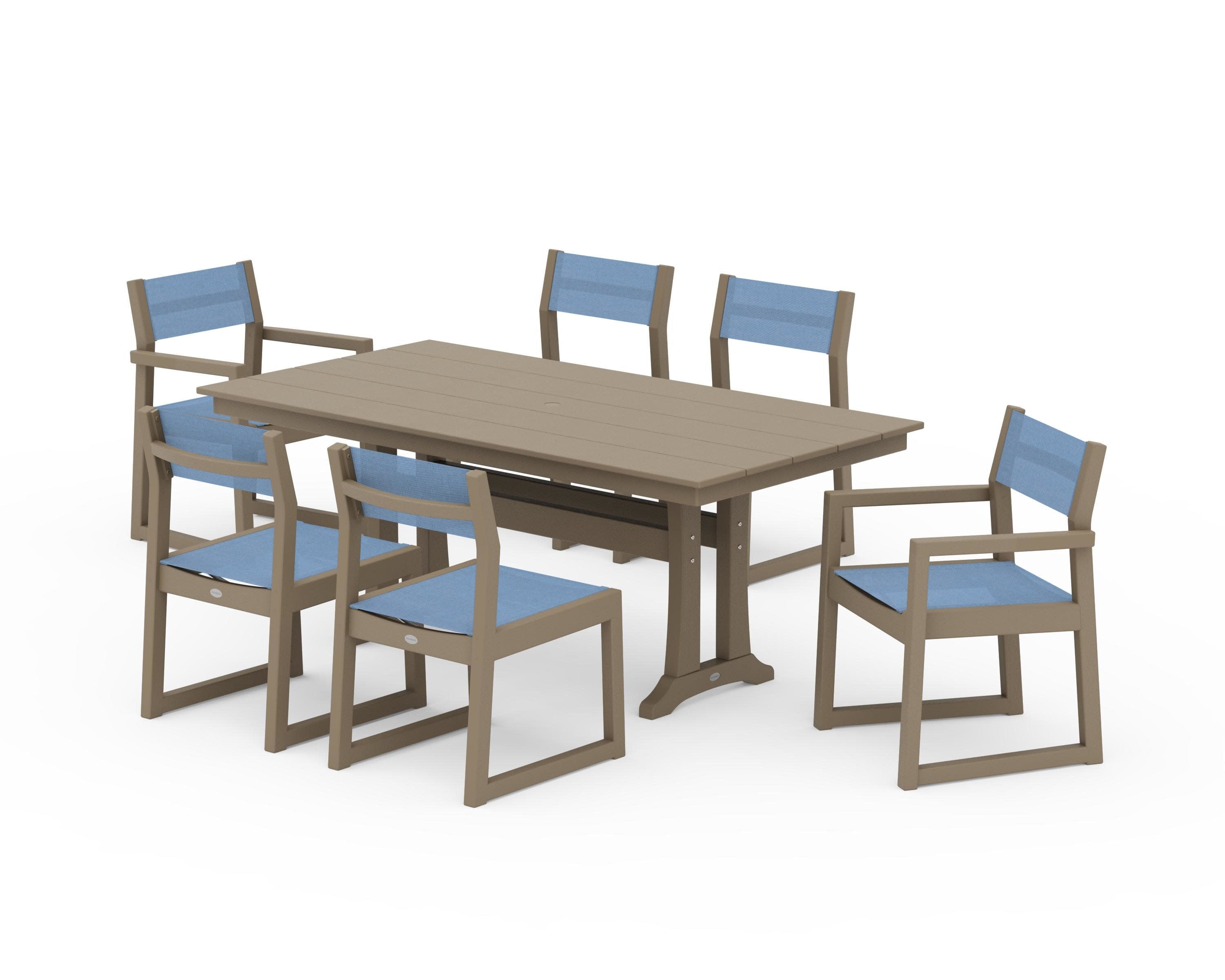 EDGE Sling 7-Piece Farmhouse Trestle Dining Set in Vintage Sahara / Poolside Sling
