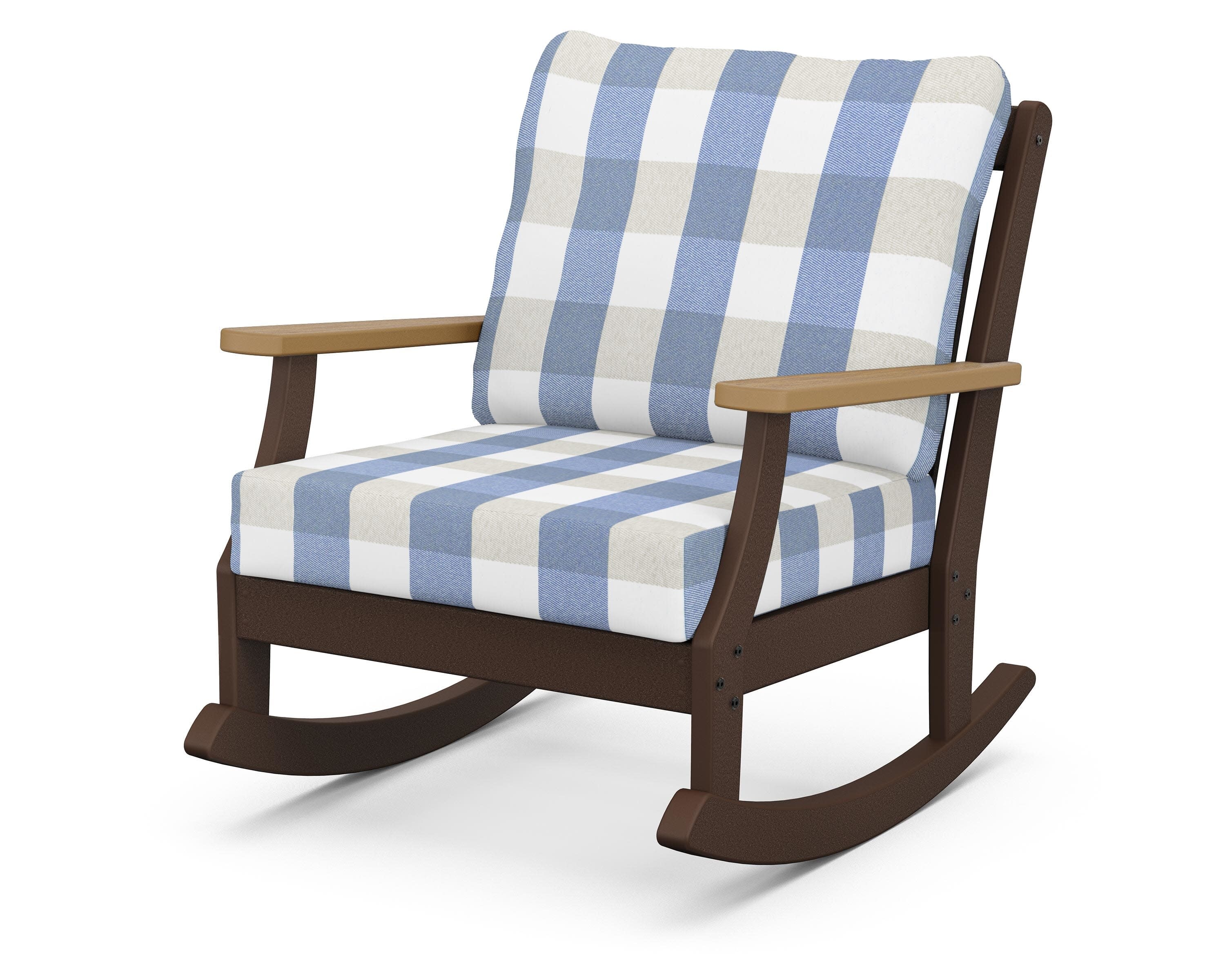 Braxton Deep Seating Rocking Chair in Mahogany / Natural / Buffalo Plaid Sky Blue