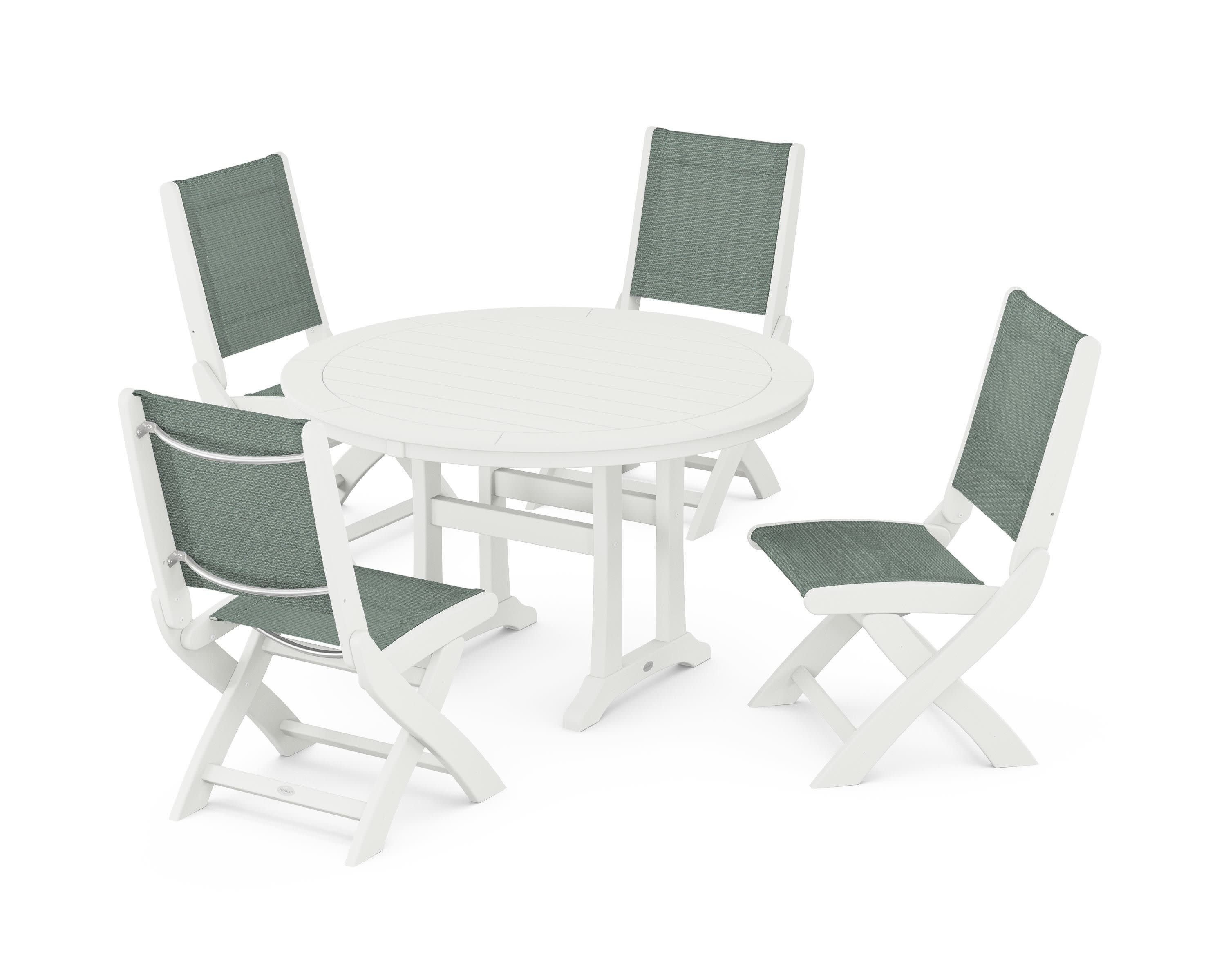 Coastal Folding Side Chair 5-Piece Round Dining Set With Trestle Legs in Vintage White / Dupioni Sea Mist Sling