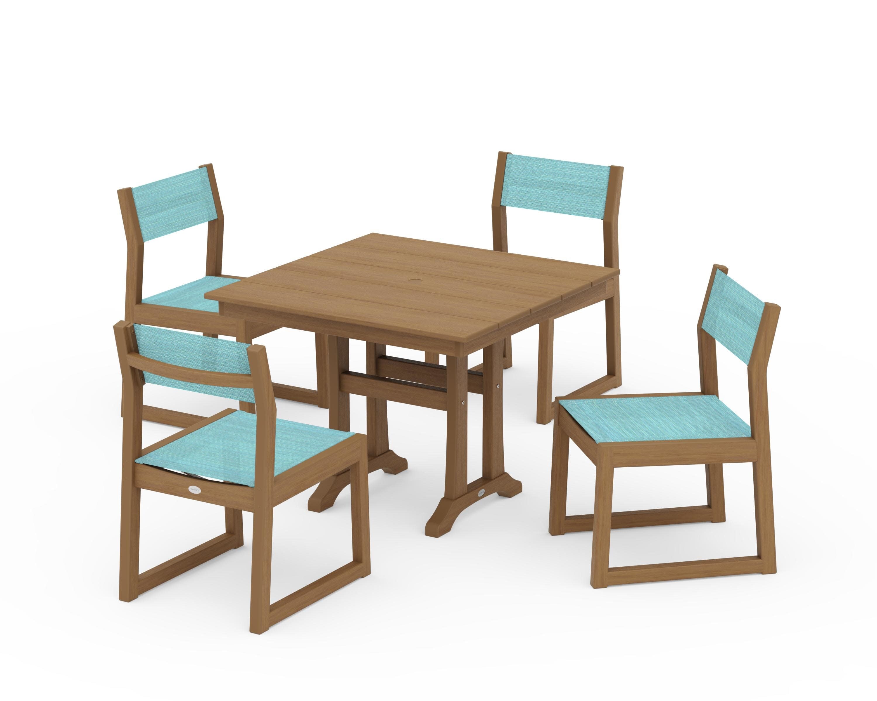 EDGE Sling 5-Piece Farmhouse Trestle Side Chair Dining Set in Natural / Dupioni Aquamarine Sling