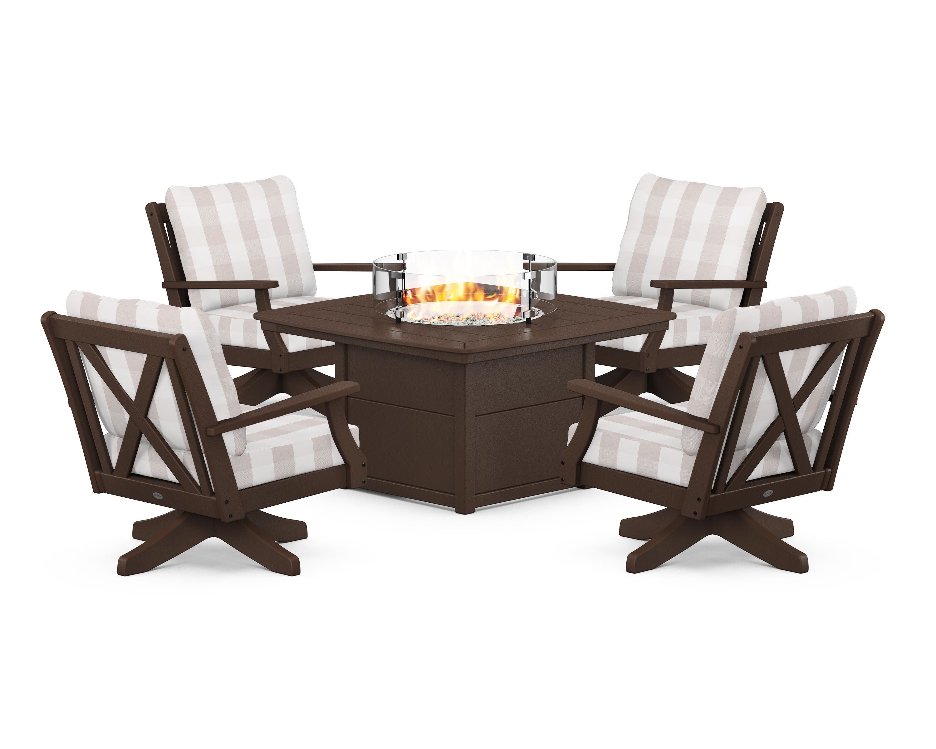 Braxton 5-Piece Deep Seating Swivel Conversation Set with Fire Pit Table in Mahogany / Buffalo Plaid Dune Burlap