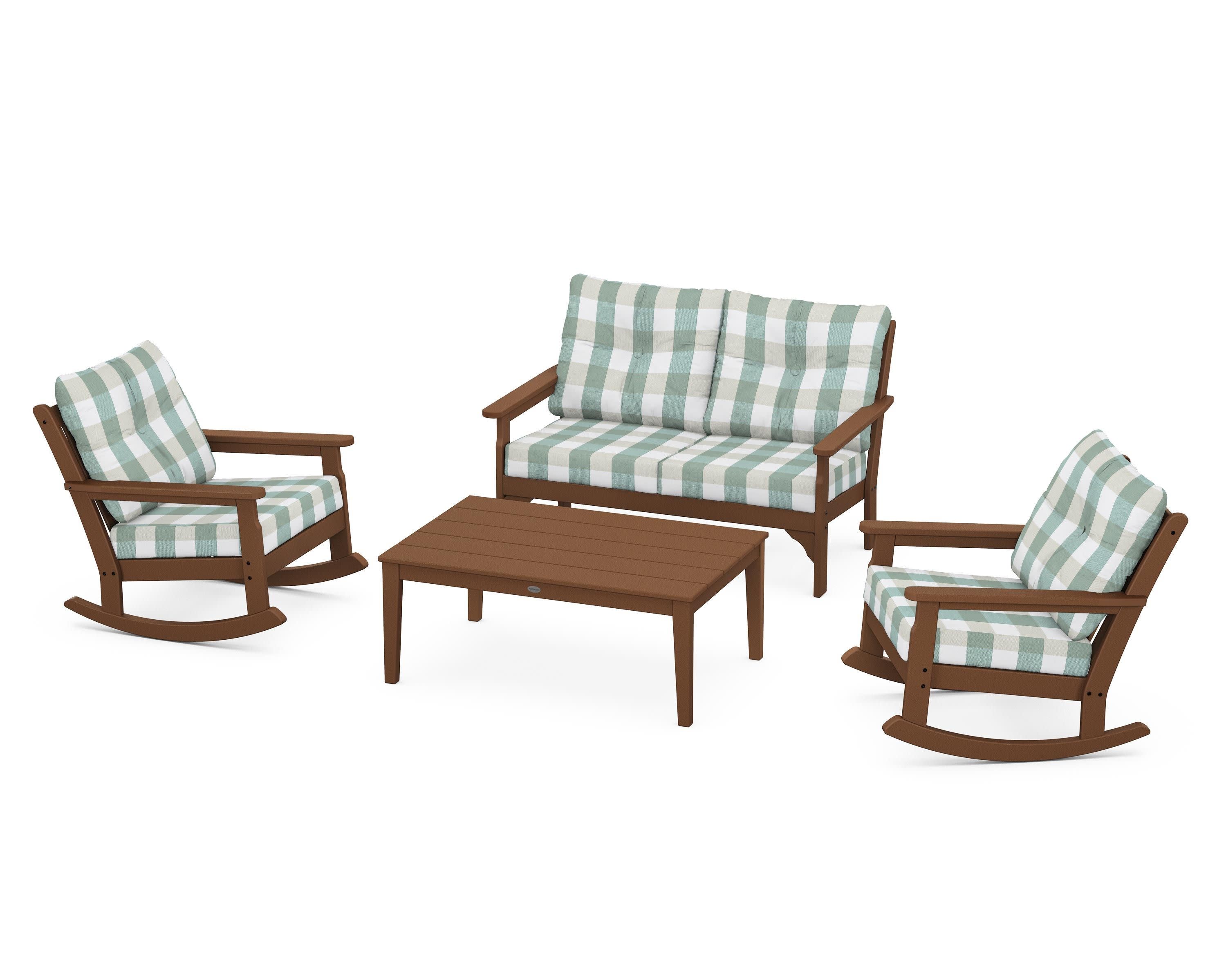 Vineyard 4-Piece Deep Seating Rocking Chair Set in Teak / Buffalo Plaid Glacier Spa