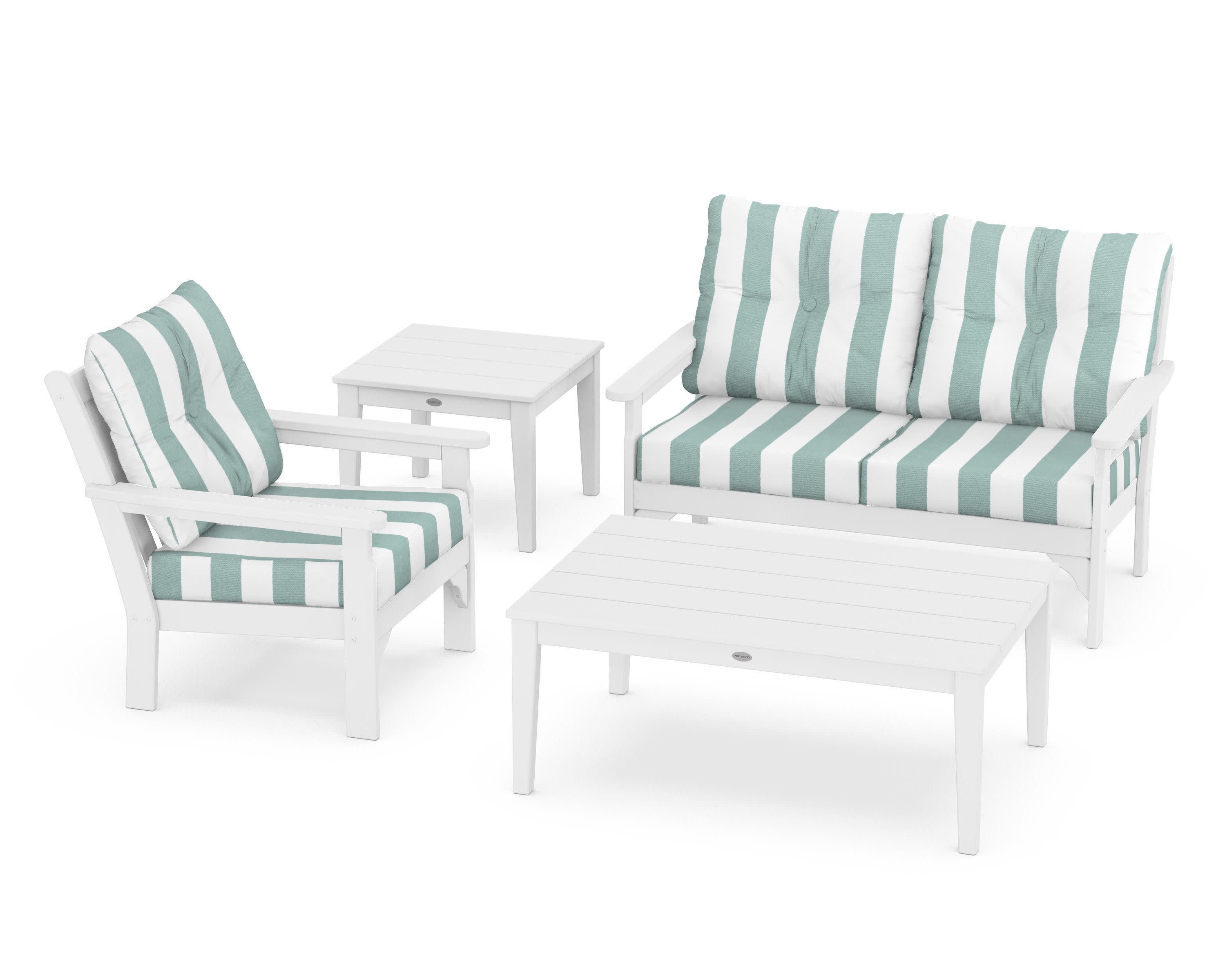 Vineyard 4-Piece Deep Seating Set in White / Cabana Stripe Glacier Spa