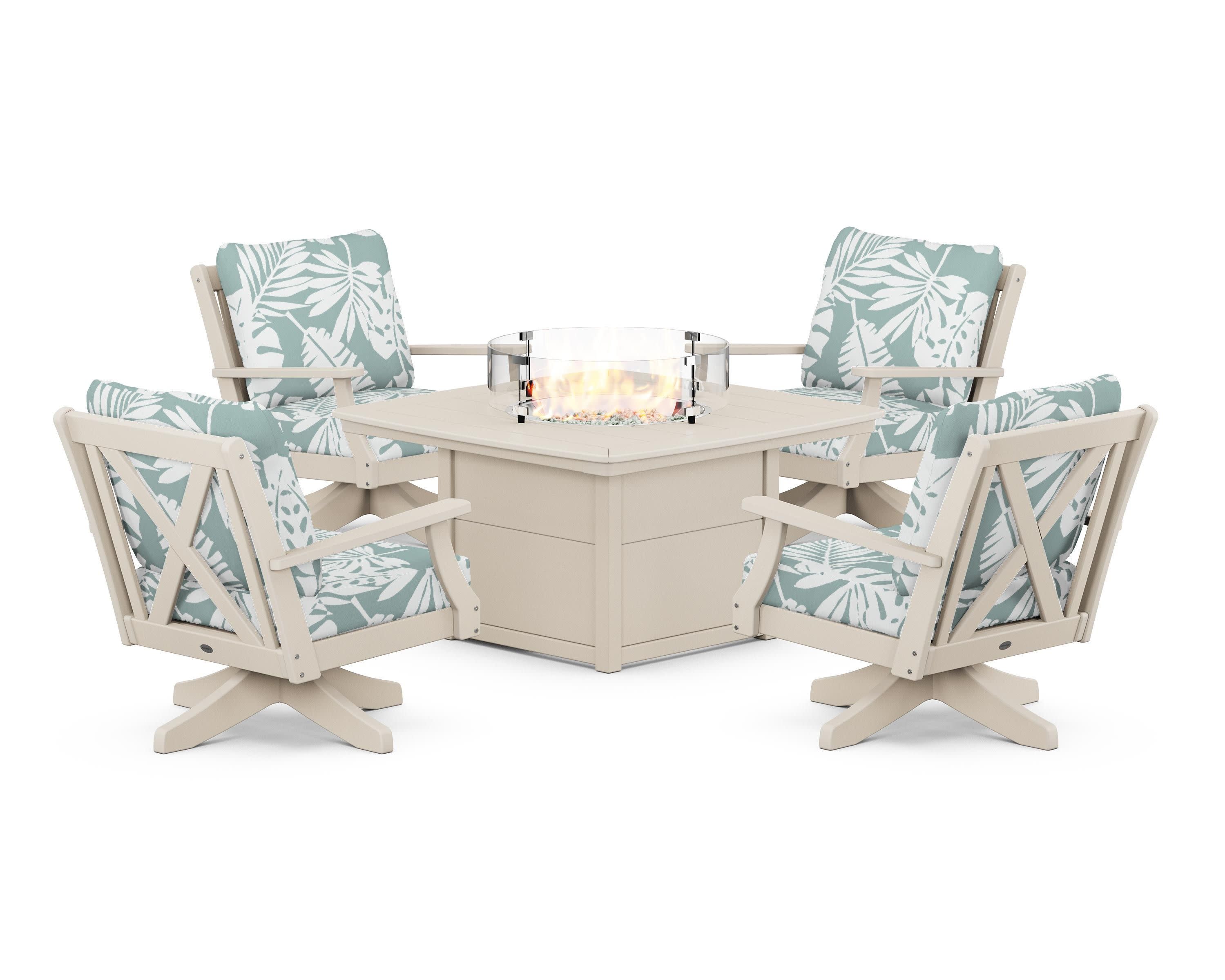Braxton 5-Piece Deep Seating Swivel Conversation Set with Fire Pit Table in Sand / Leaf Glacier Spa