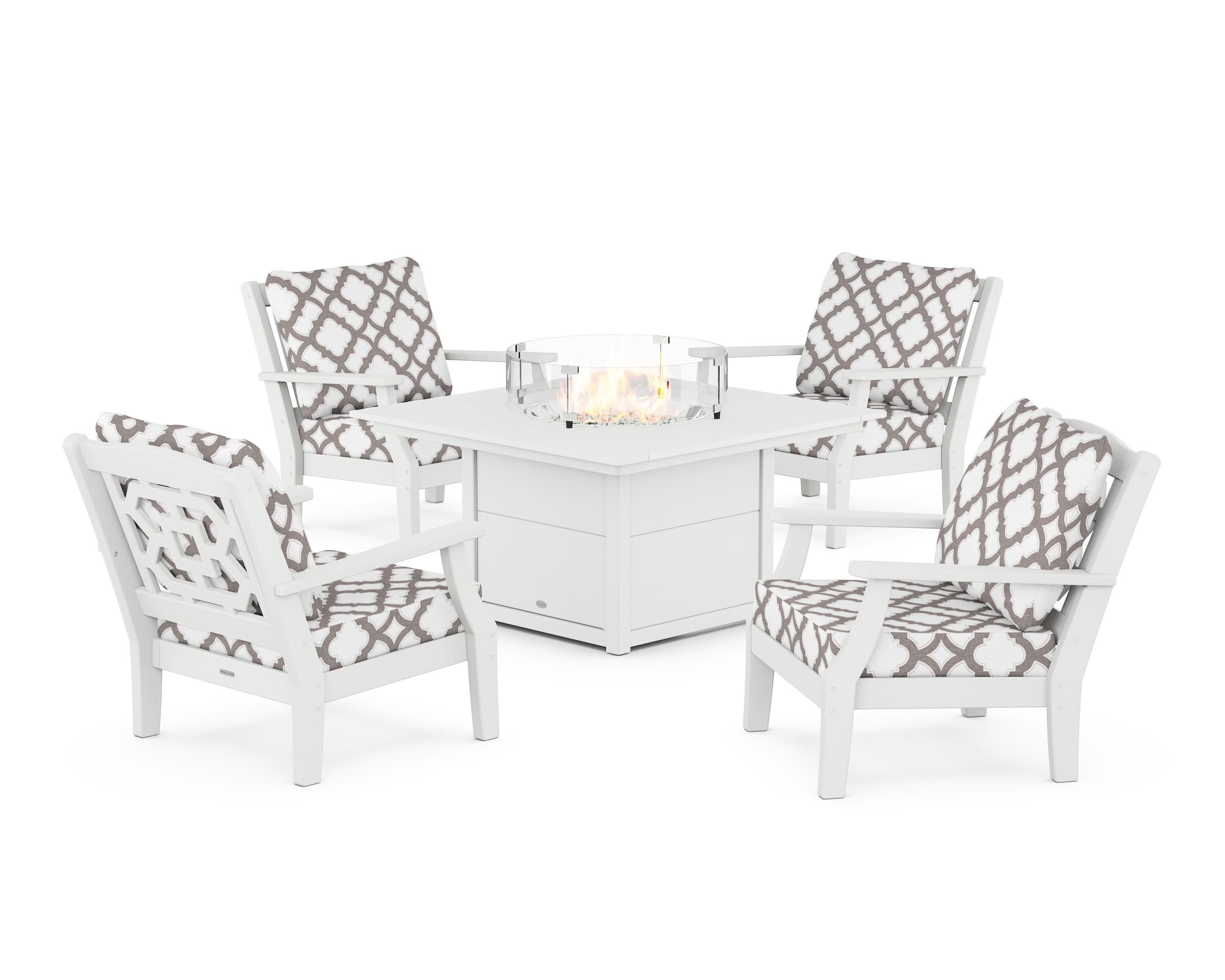 Chinoiserie 5-Piece Deep Seating Set with Fire Pit Table in White / Trellis Grey Mist