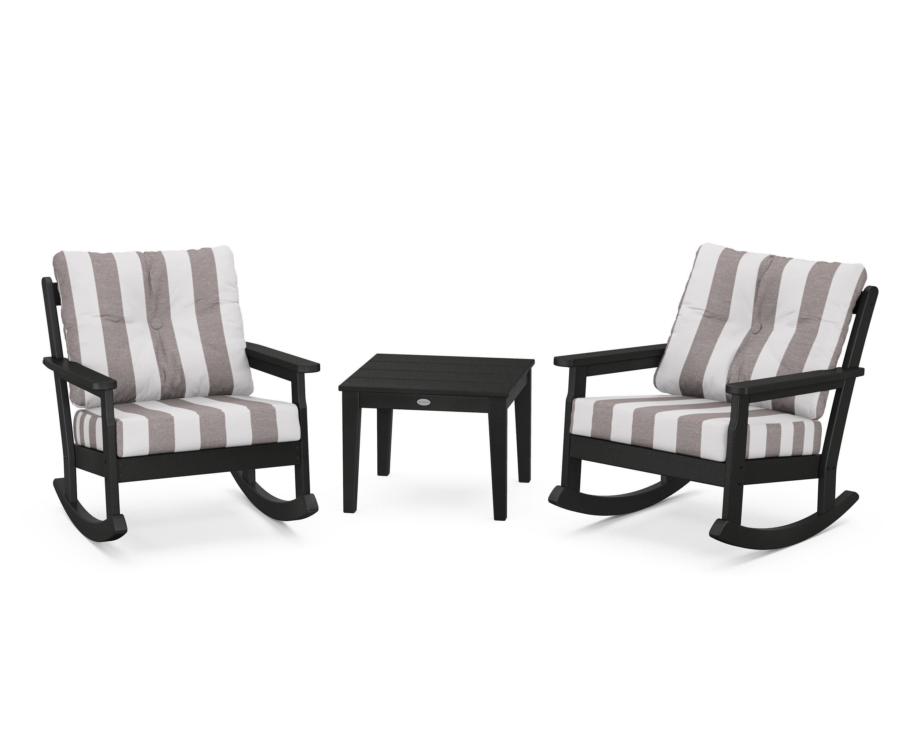 Vineyard 3-Piece Deep Seating Rocker Set in Black / Cabana Stripe Grey Mist