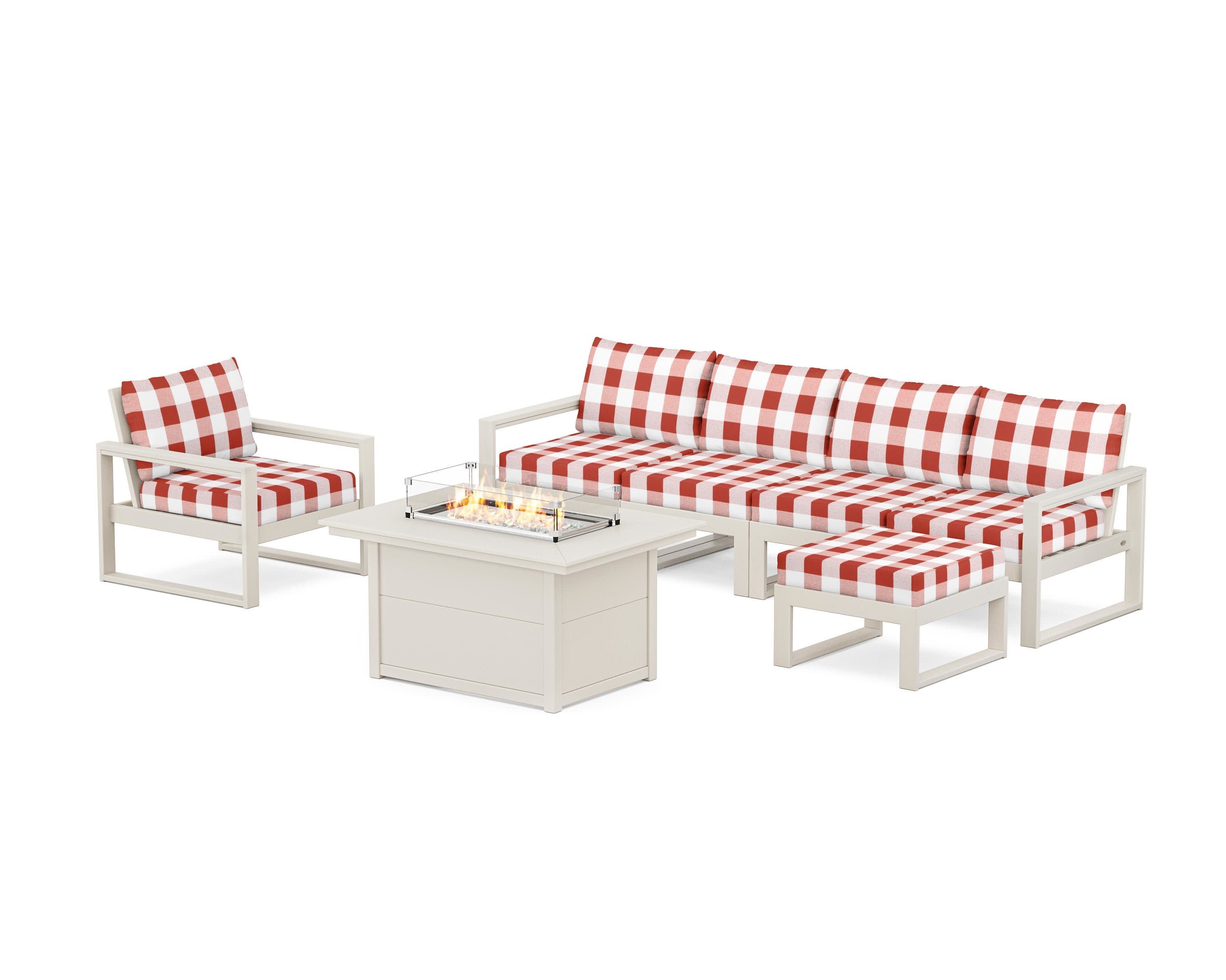 EDGE Sectional Lounge and Fire Pit Set in Sand / Buffalo Plaid Crimson