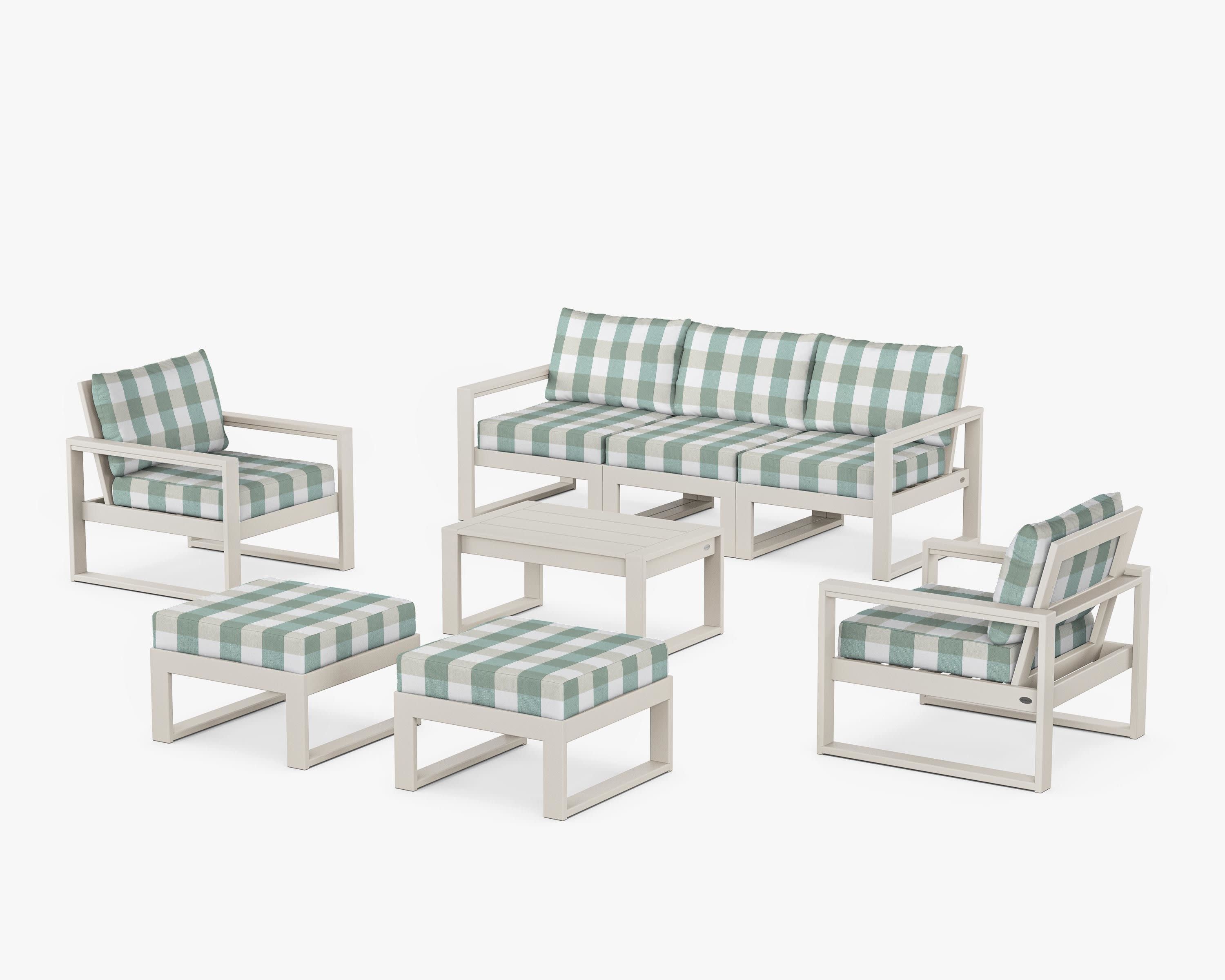 EDGE Sectional 8-Piece Lounge Sofa Set in Sand / Buffalo Plaid Glacier Spa