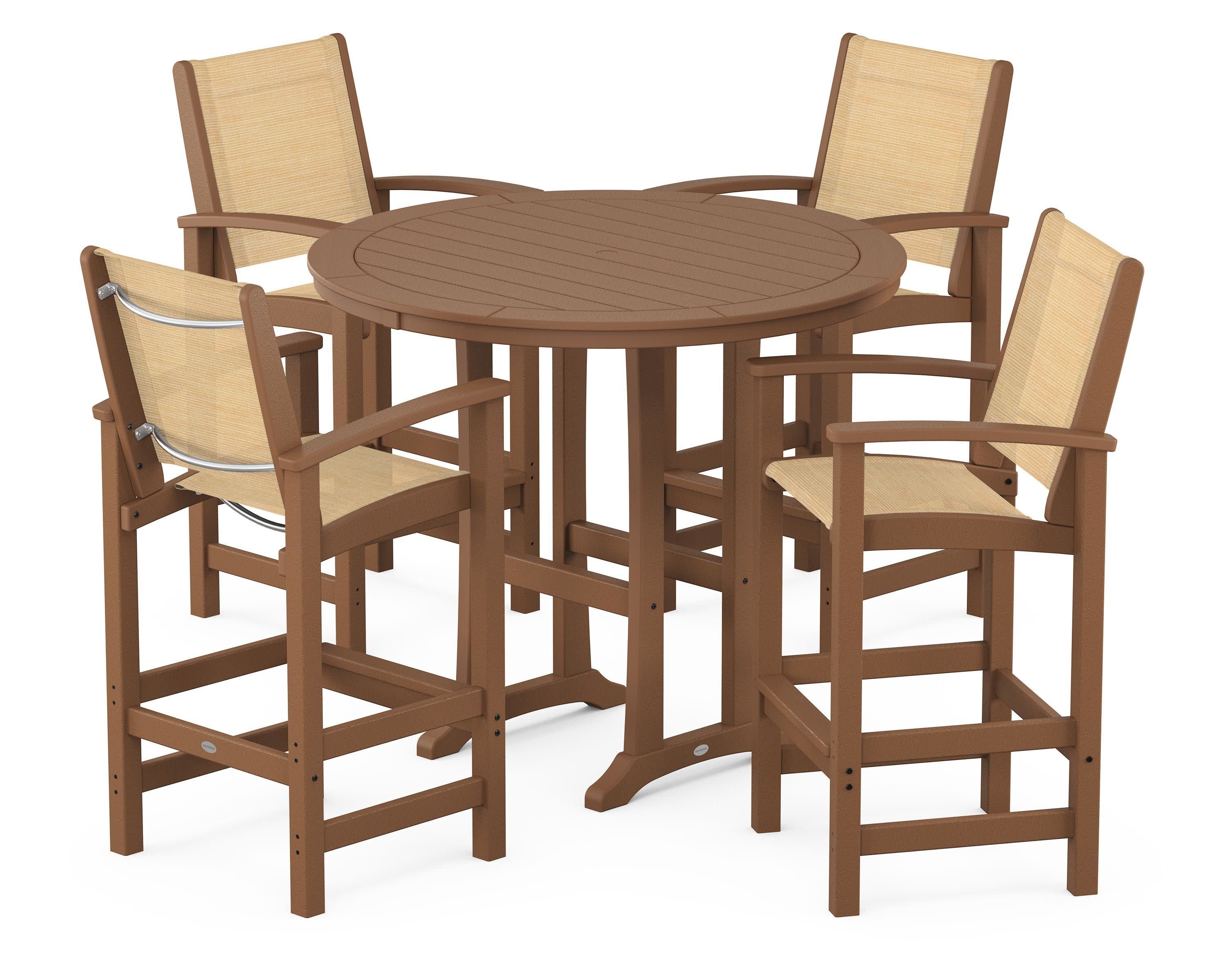 Coastal 5-Piece Nautical Trestle Bar Set in Teak / Dupioni Apricot Sling