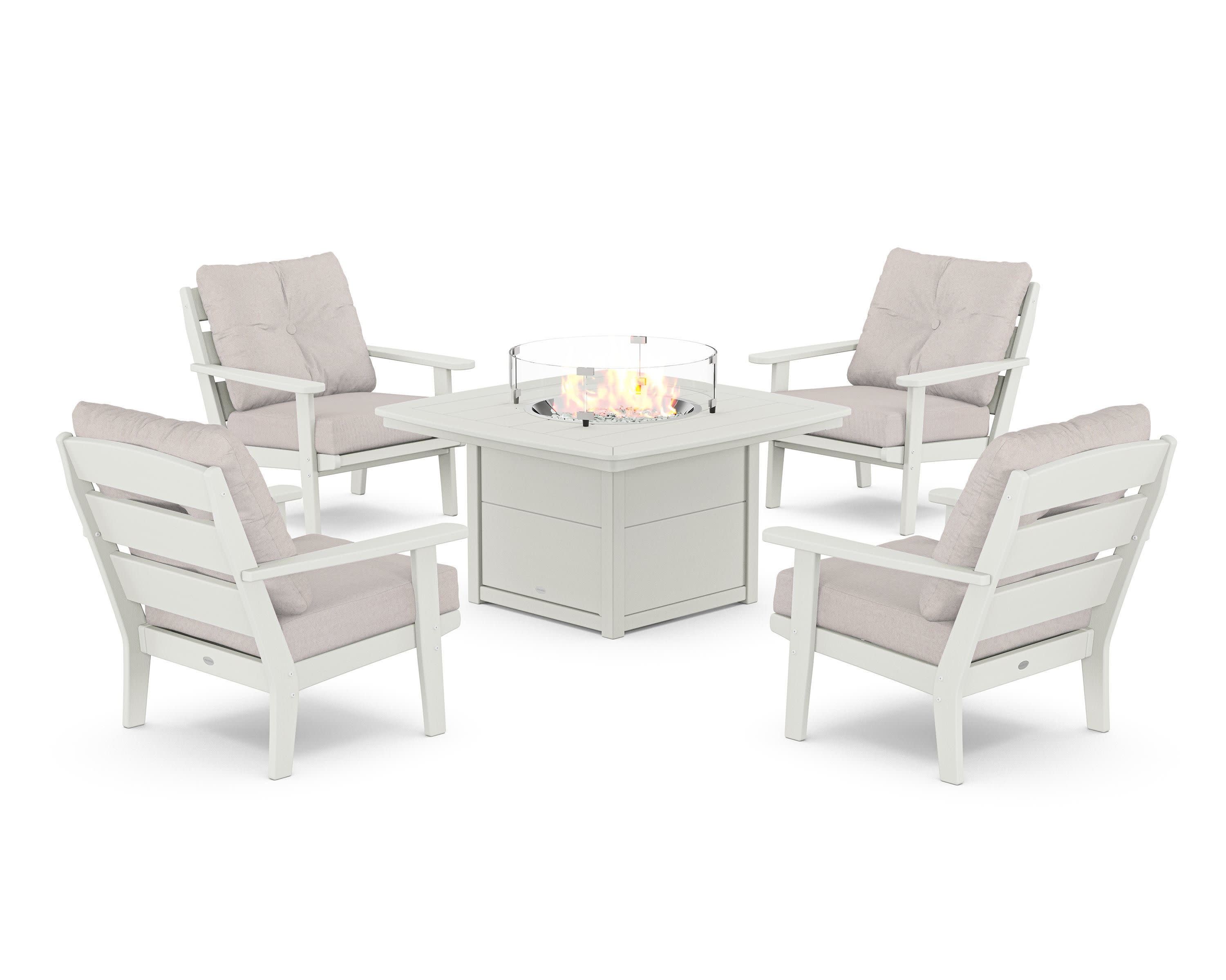 Lakeside 5-Piece Deep Seating Set with Nautical Fire Pit Table in Vintage White / Dune Burlap