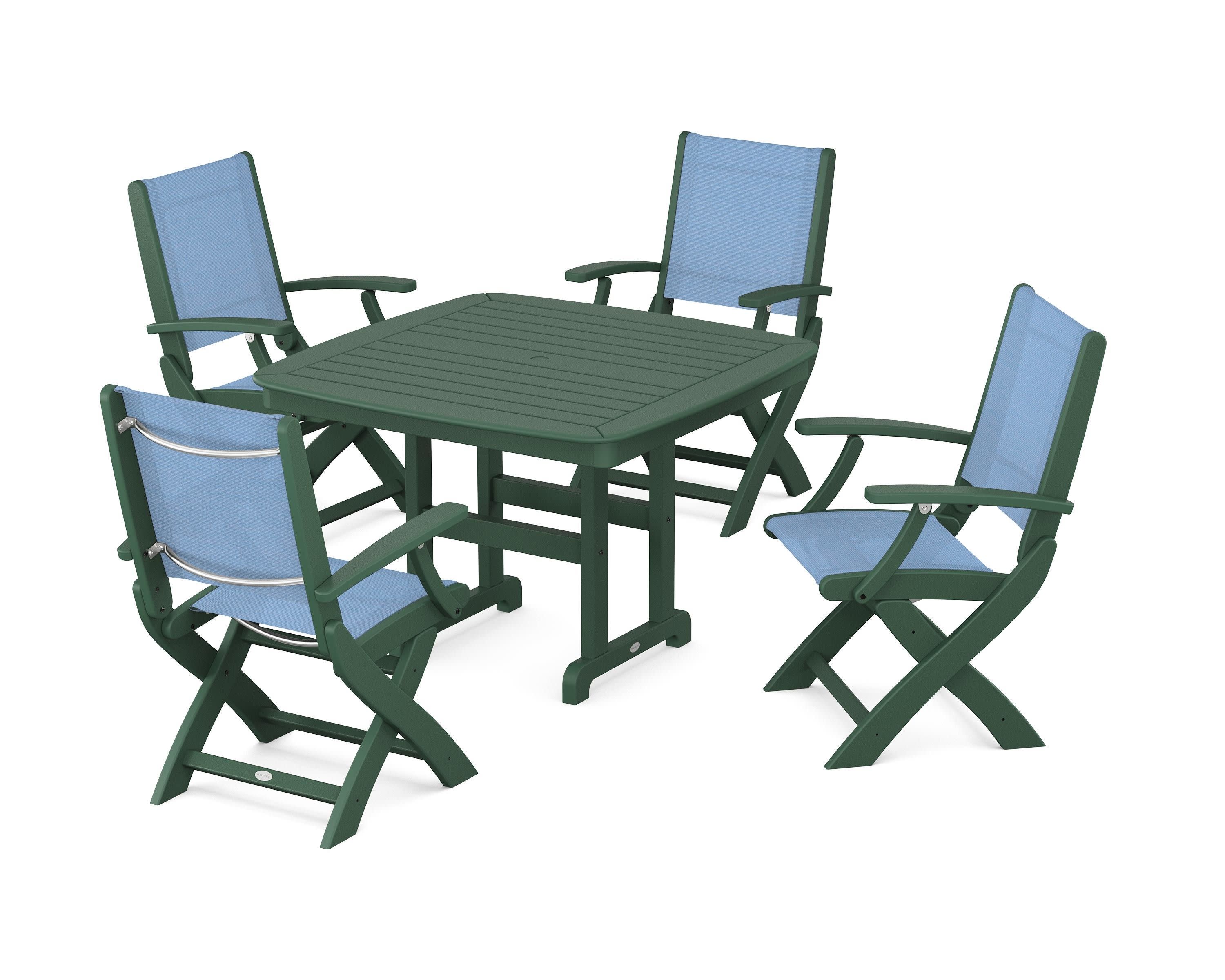 Coastal Folding Chair 5-Piece Dining Set in Green / Poolside Sling