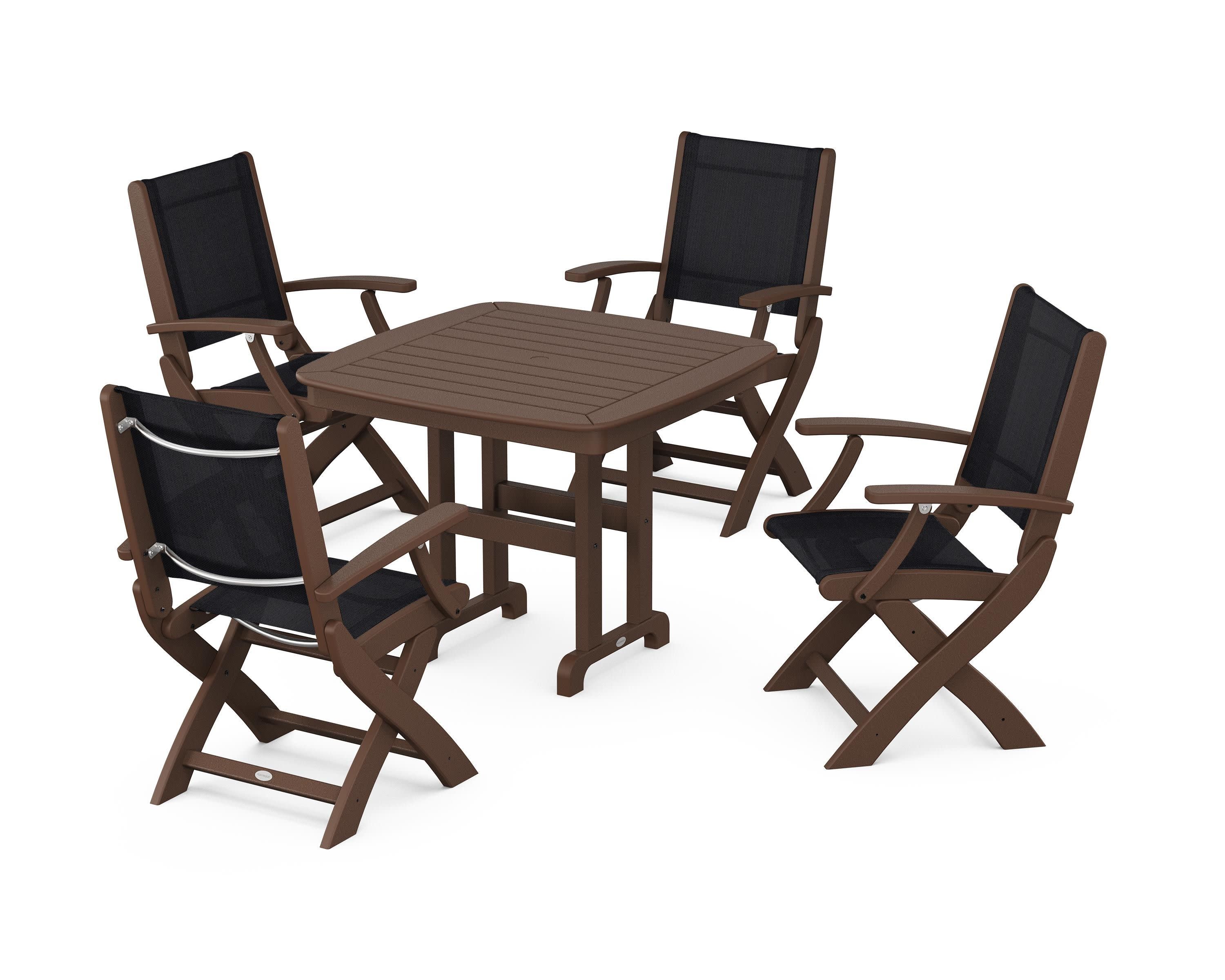 Coastal Folding Chair 5-Piece Dining Set in Mahogany / Black Sling