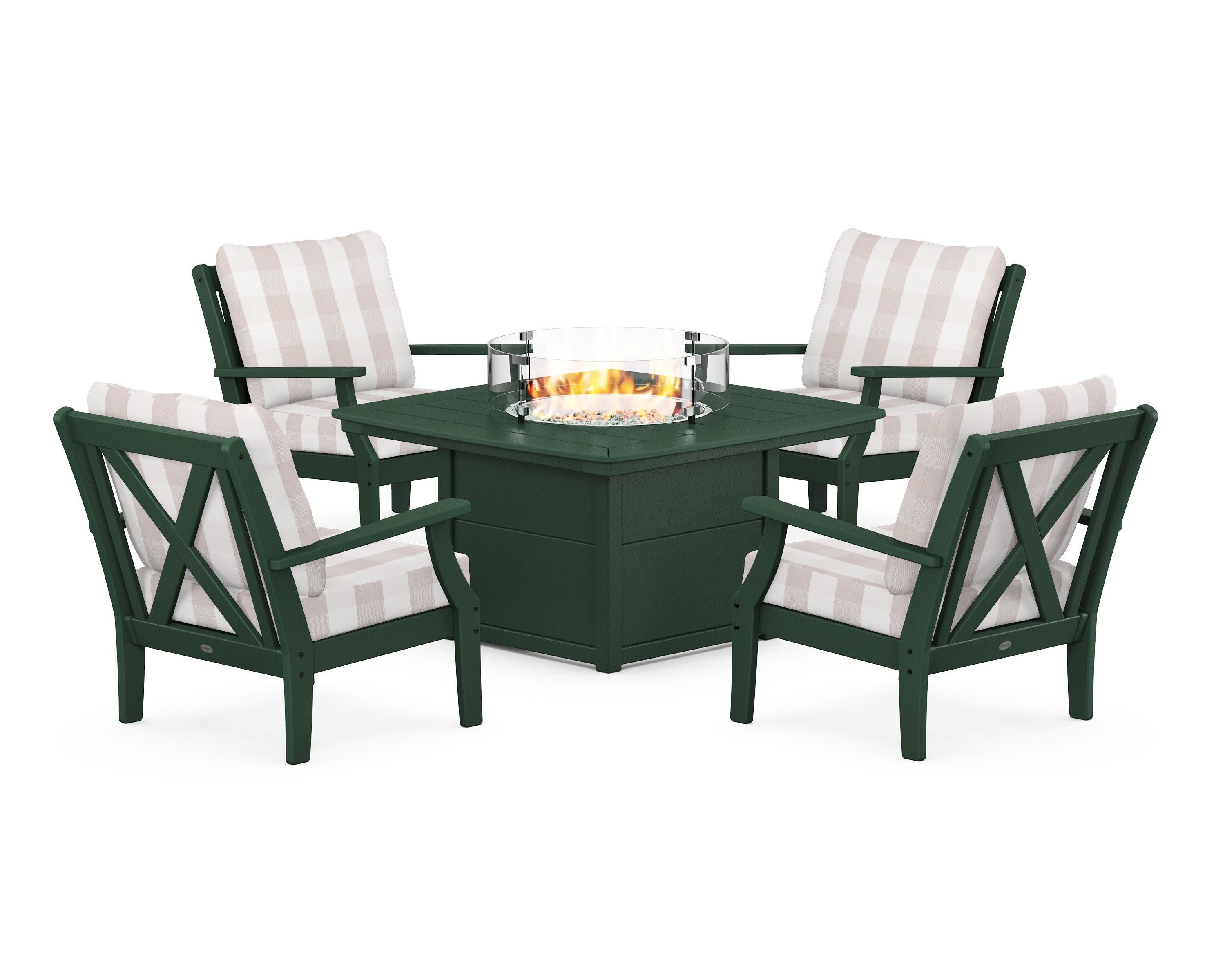 Braxton 5-Piece Deep Seating Conversation Set with Fire Pit Table in Green / Buffalo Plaid Dune Burlap