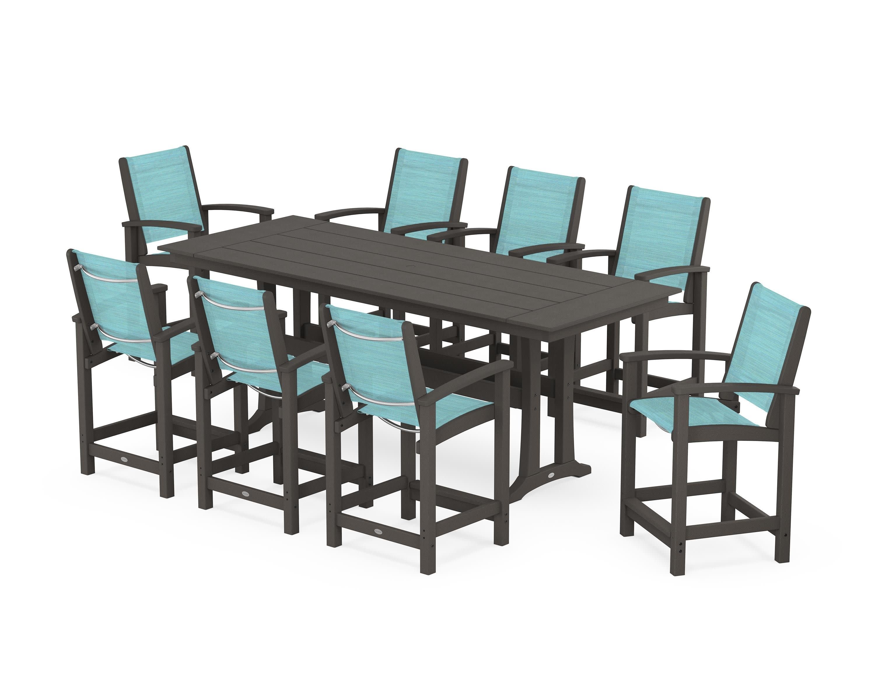 Coastal 9-Piece Farmhouse Counter Set with Trestle Legs in Vintage Coffee / Dupioni Aquamarine Sling