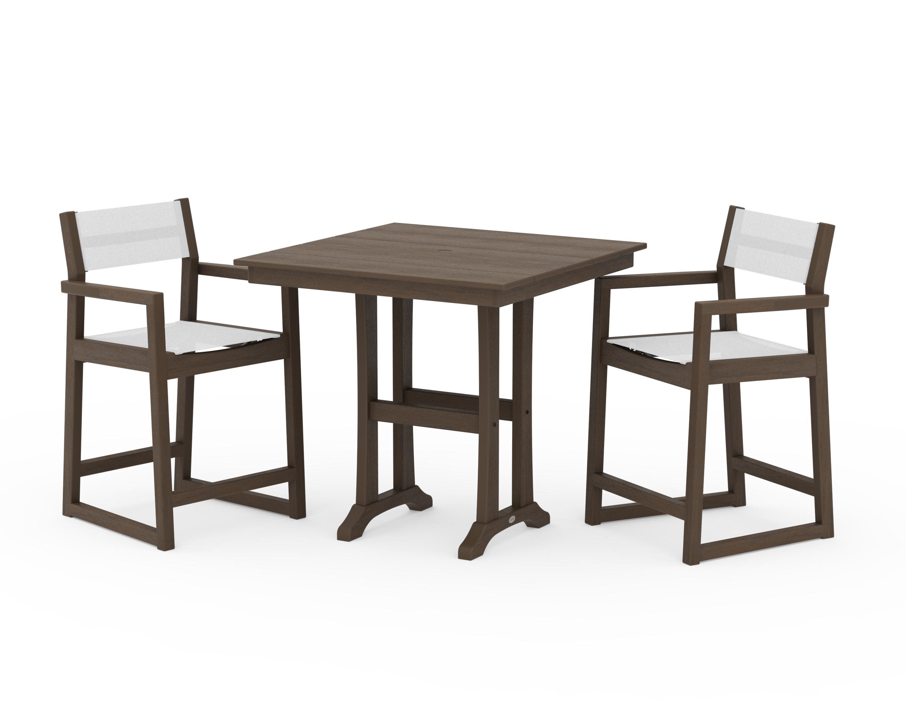EDGE Sling Arm Chair 3-Piece Farmhouse Counter Set with Trestle Legs in Kona / White Sling