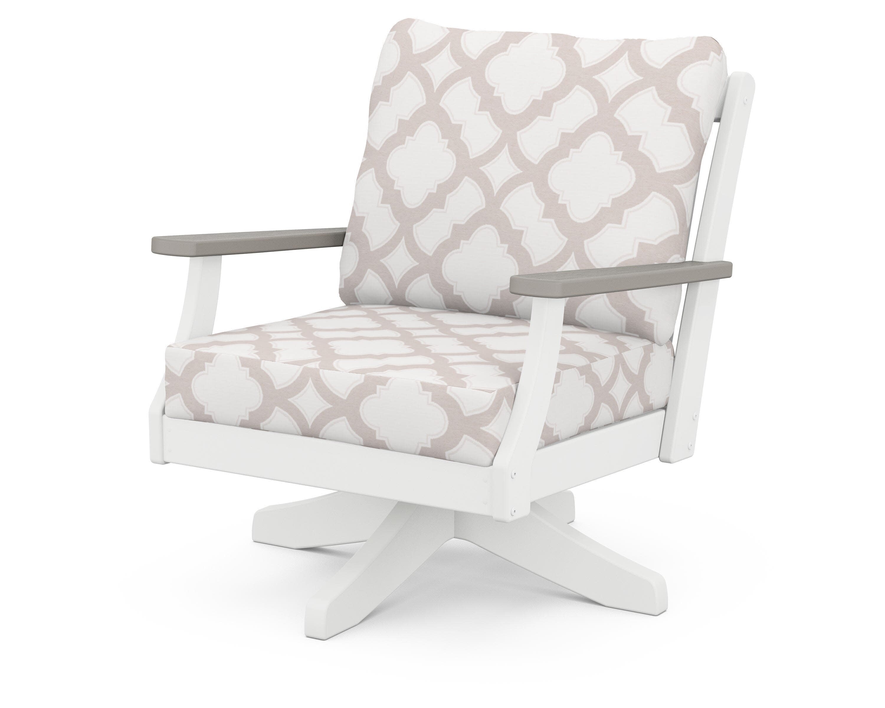 Braxton Deep Seating Swivel Chair in White / Driftwood / Trellis Dune Burlap