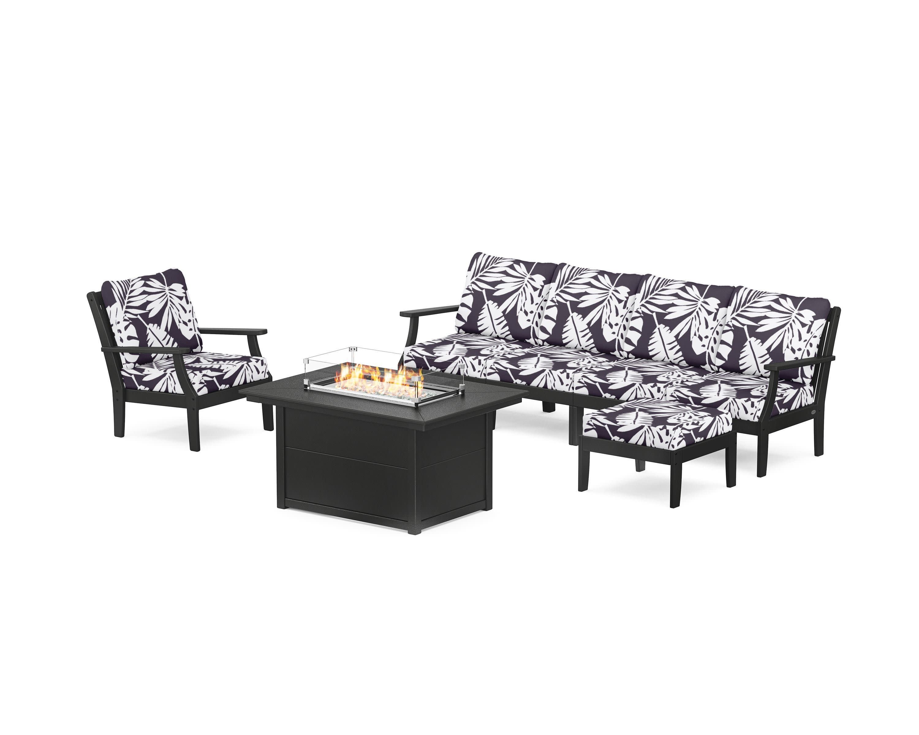 Braxton Sectional Lounge and Fire Pit Set in Black / Leaf Navy