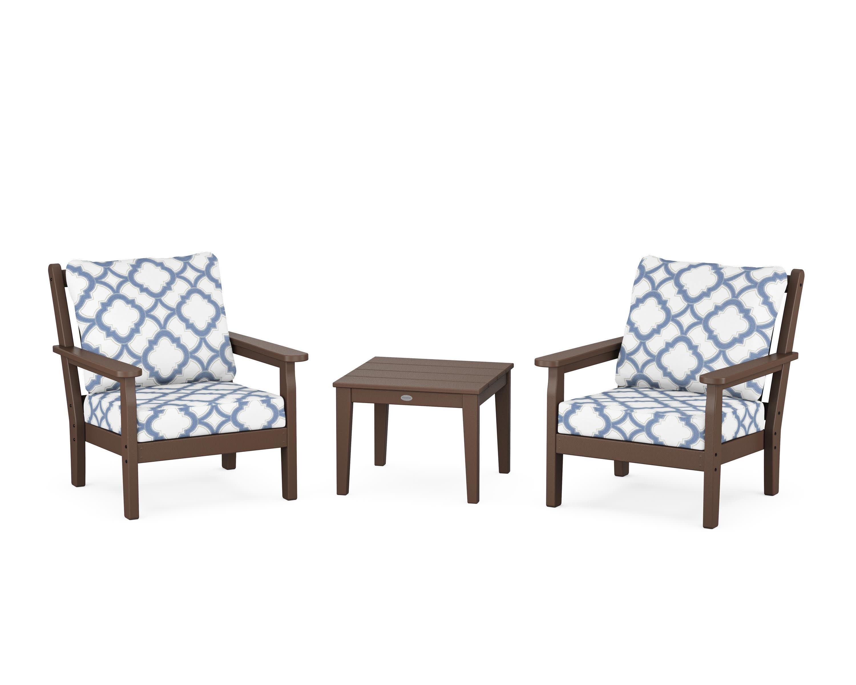 Chippendale 3-Piece Deep Seating Set in Mahogany / Trellis Sky Blue