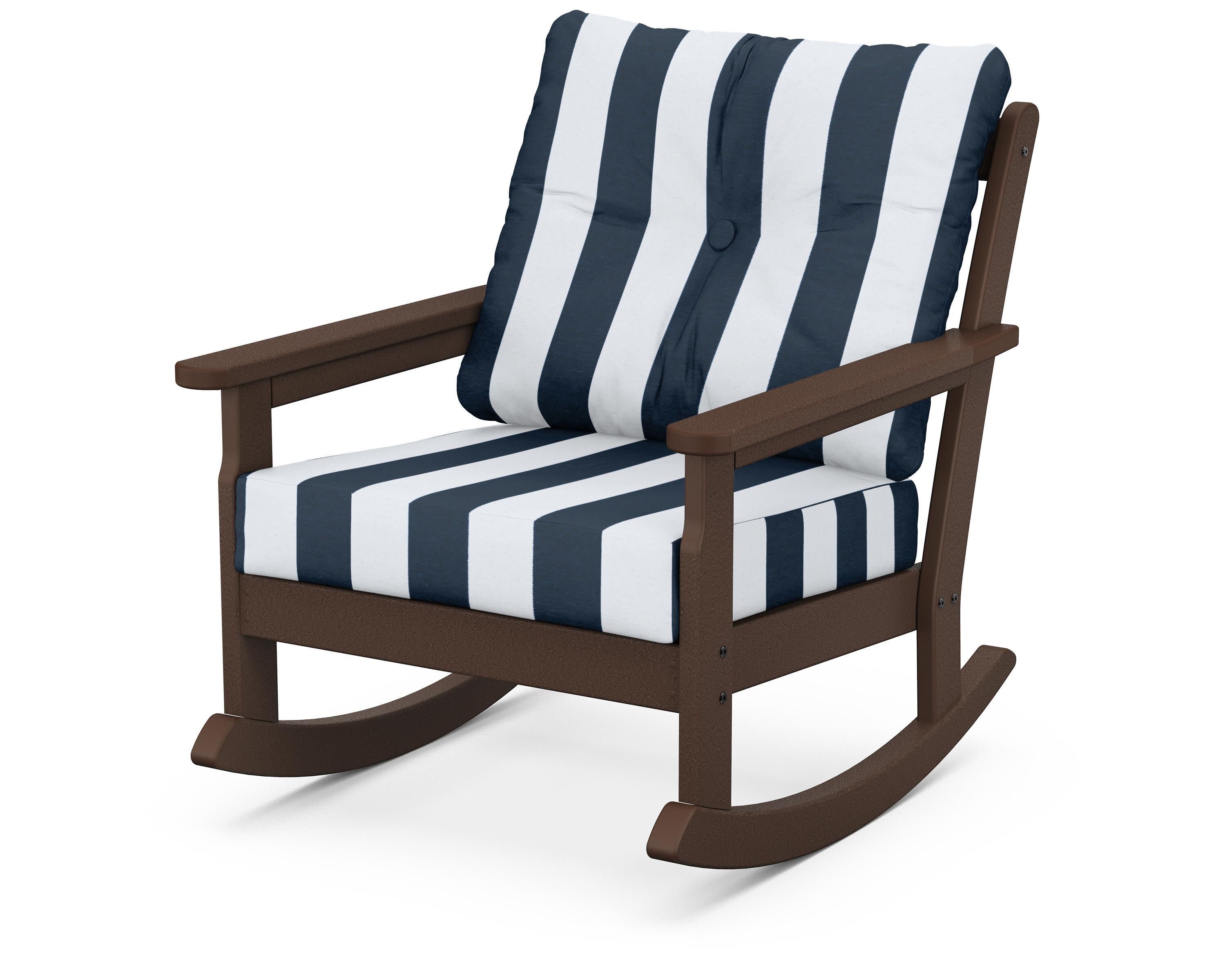 Vineyard Deep Seating Rocking Chair in Mahogany / Cabana Stripe Marine Indigo