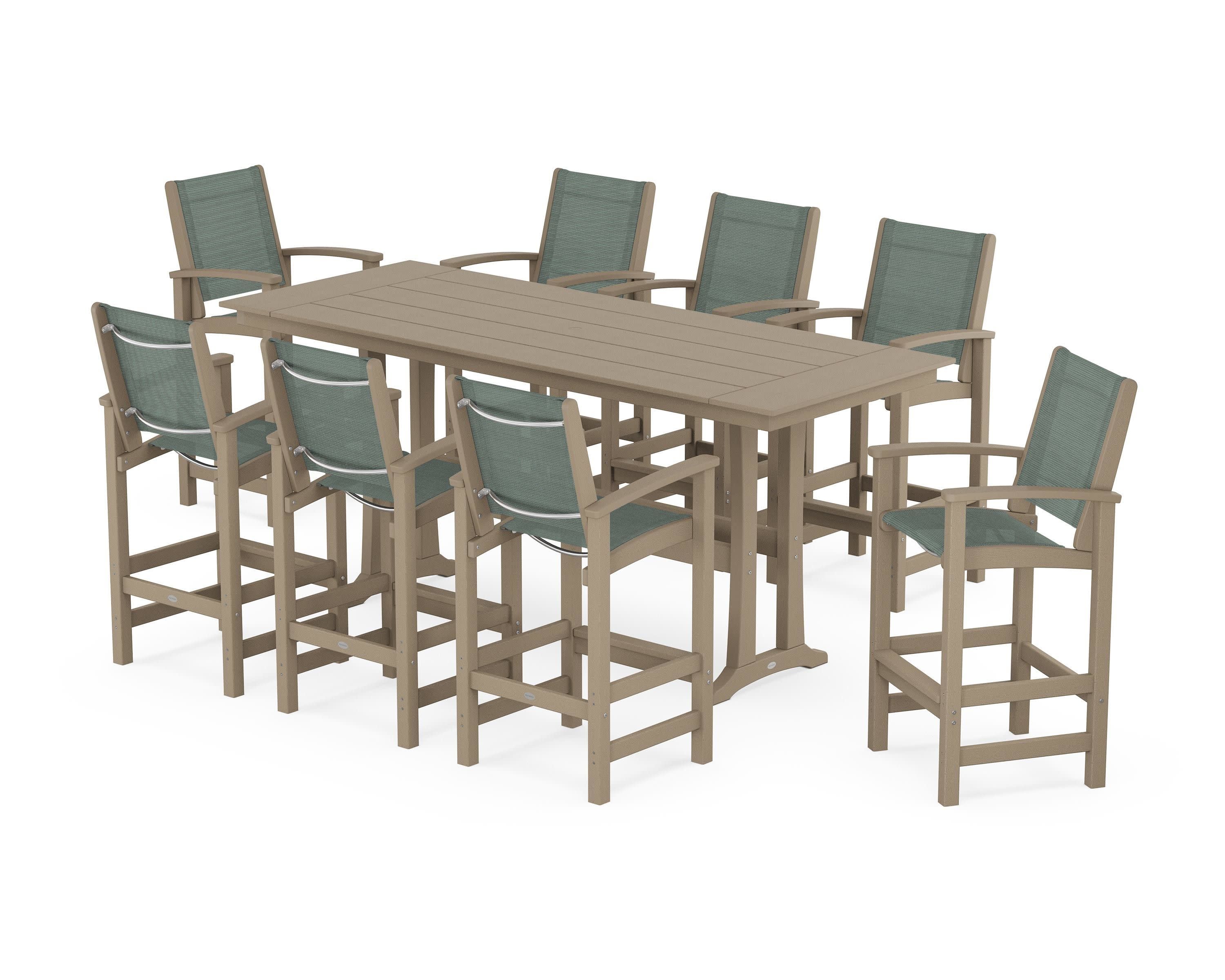 Coastal 9-Piece Farmhouse Bar Set with Trestle Legs in Vintage Sahara / Dupioni Sea Mist Sling