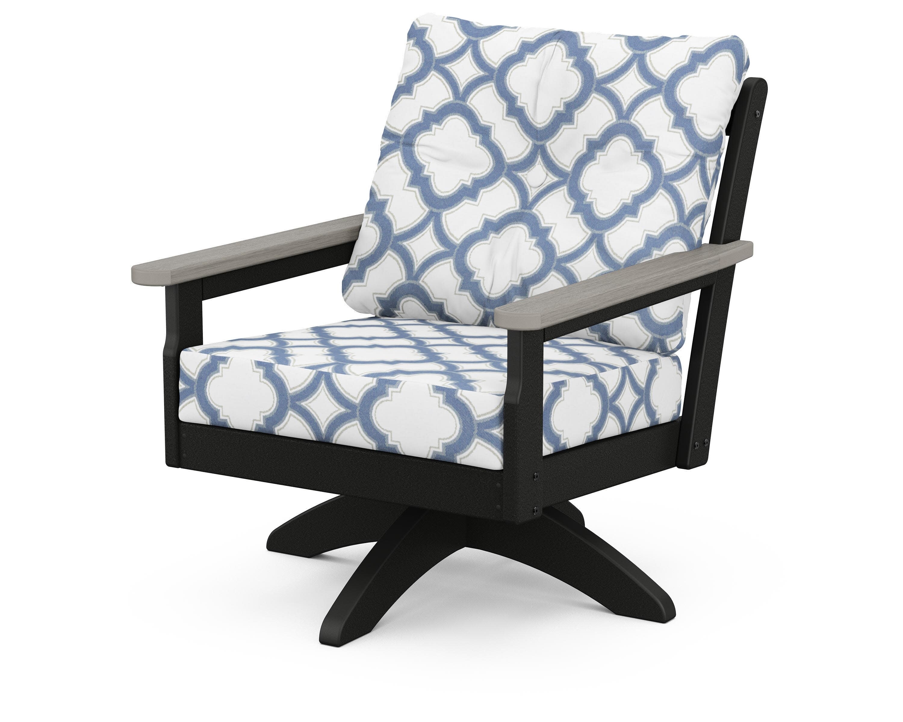 Vineyard Deep Seating Swivel Chair in Black / Driftwood / Trellis Sky Blue