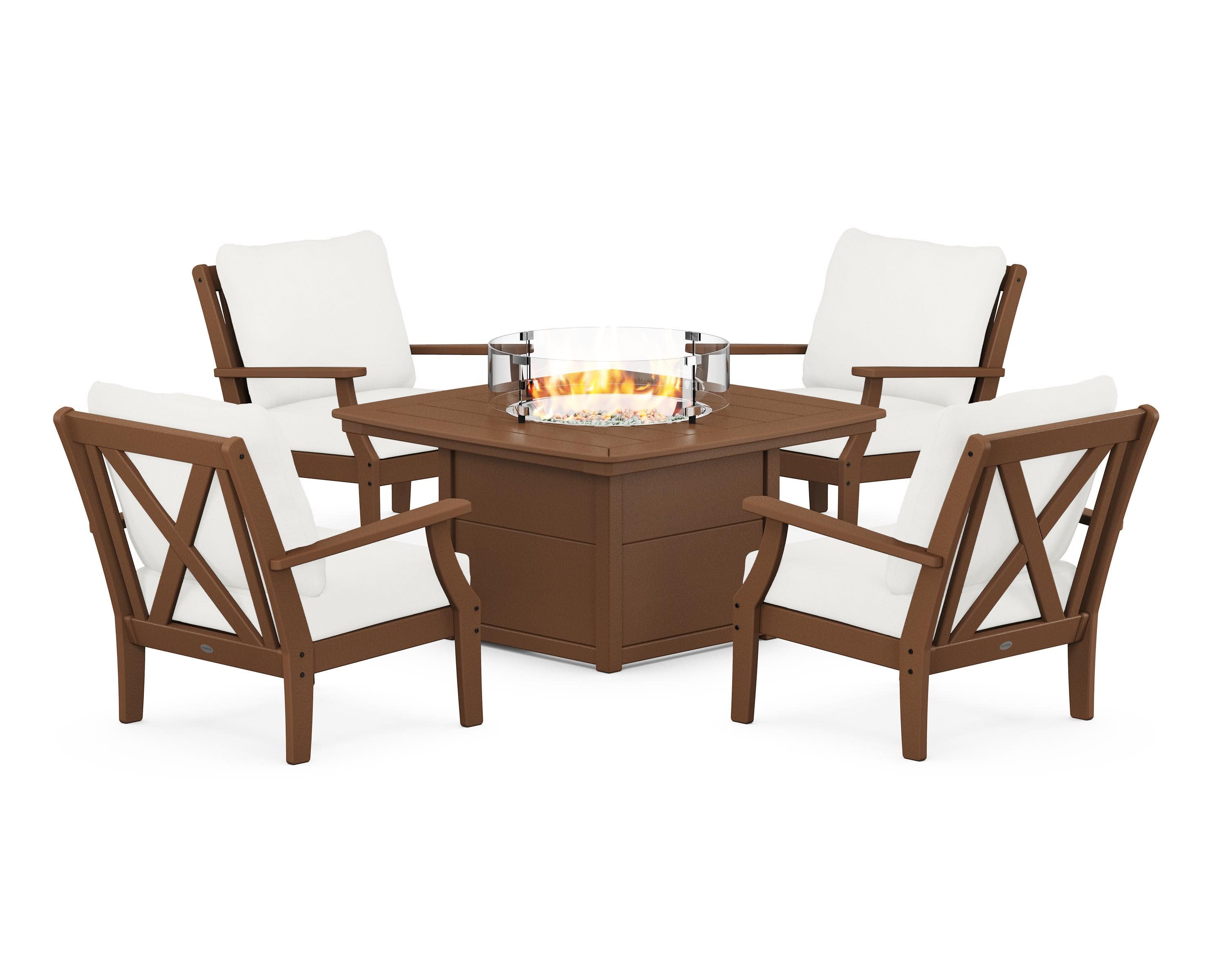 Braxton 5-Piece Deep Seating Conversation Set with Fire Pit Table in Teak / Natural Linen