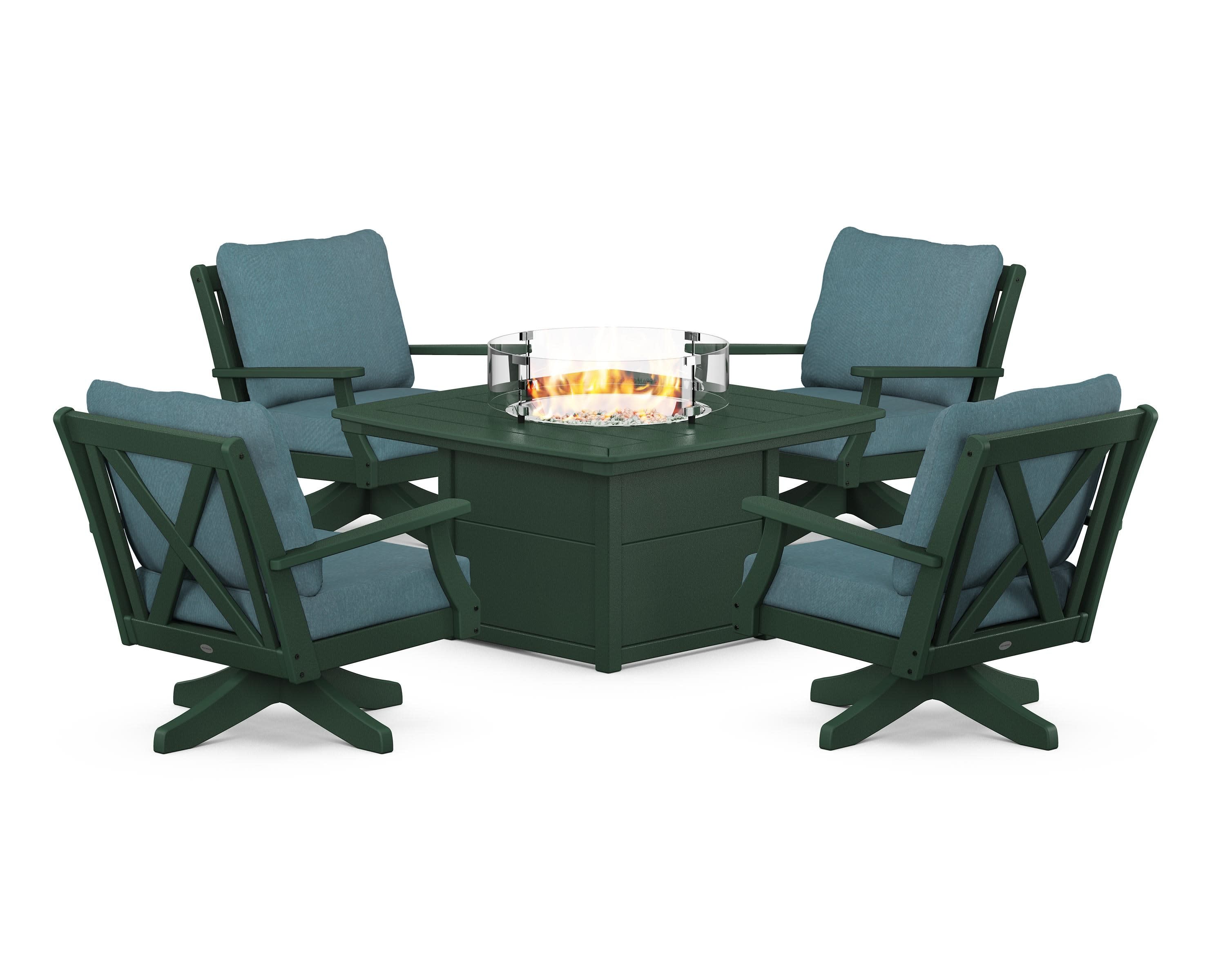 Braxton 5-Piece Deep Seating Swivel Conversation Set with Fire Pit Table in Green / Ocean Teal